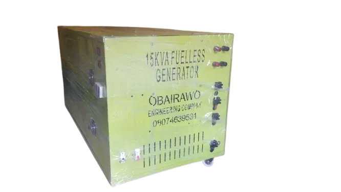 A heavy-duty 15KVA Fuelless Generator by Obairawo Engineering, featuring a durable metal casing and mobility wheels.