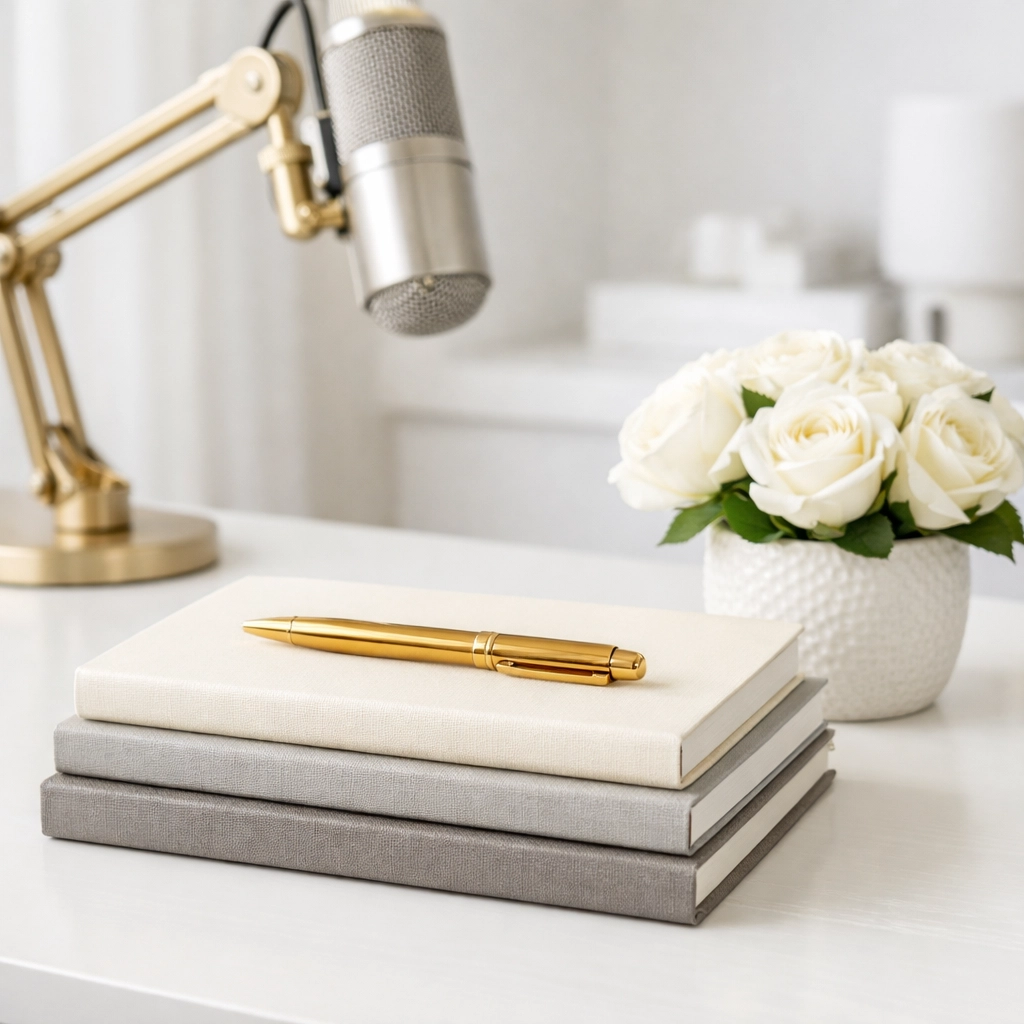 Minimalist home office workspace featuring an organized desk, notebooks, and a professional microphone setup.