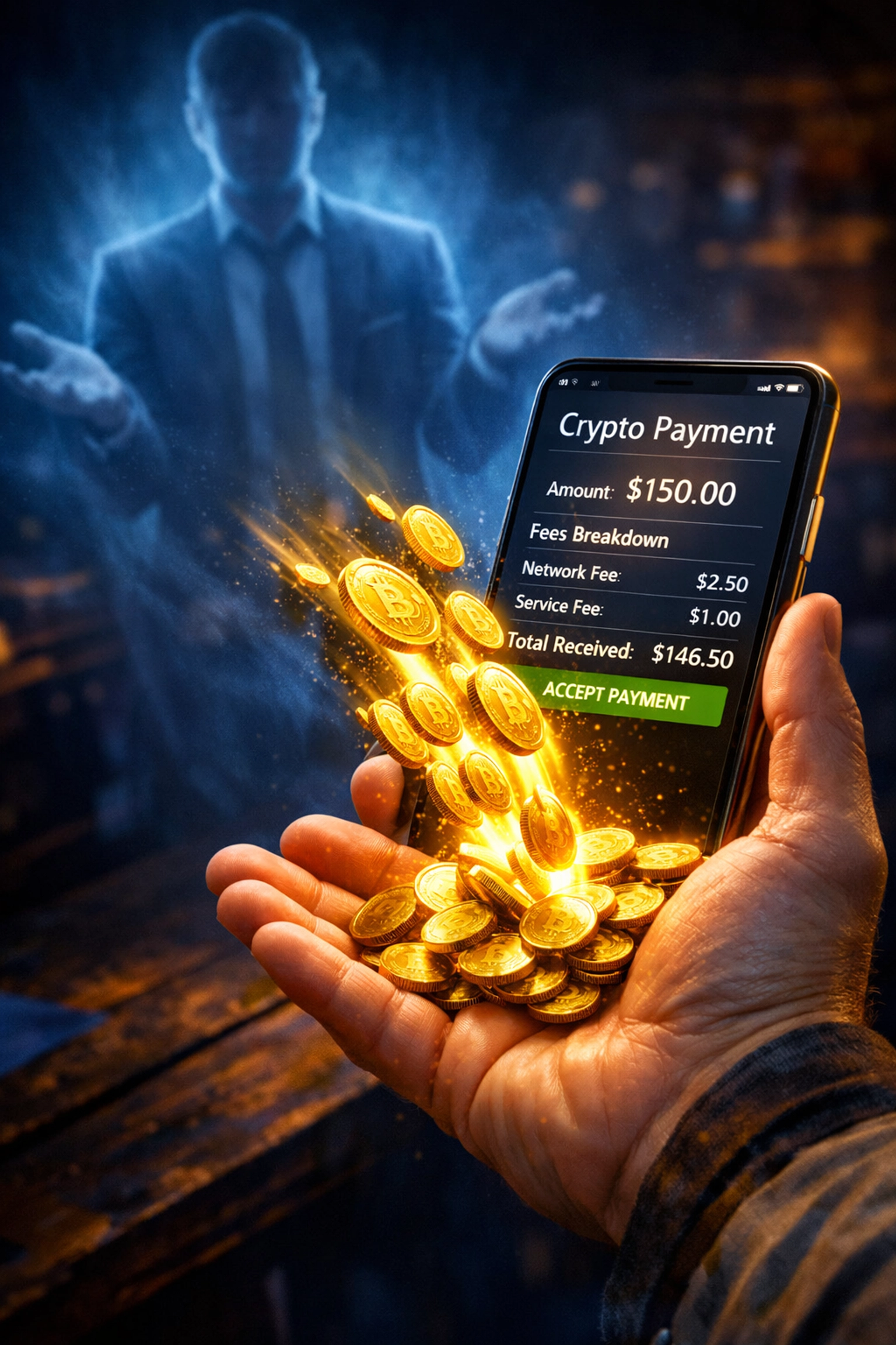 Merchant receiving crypto payments directly to smartphone bypassing middleman processor fees