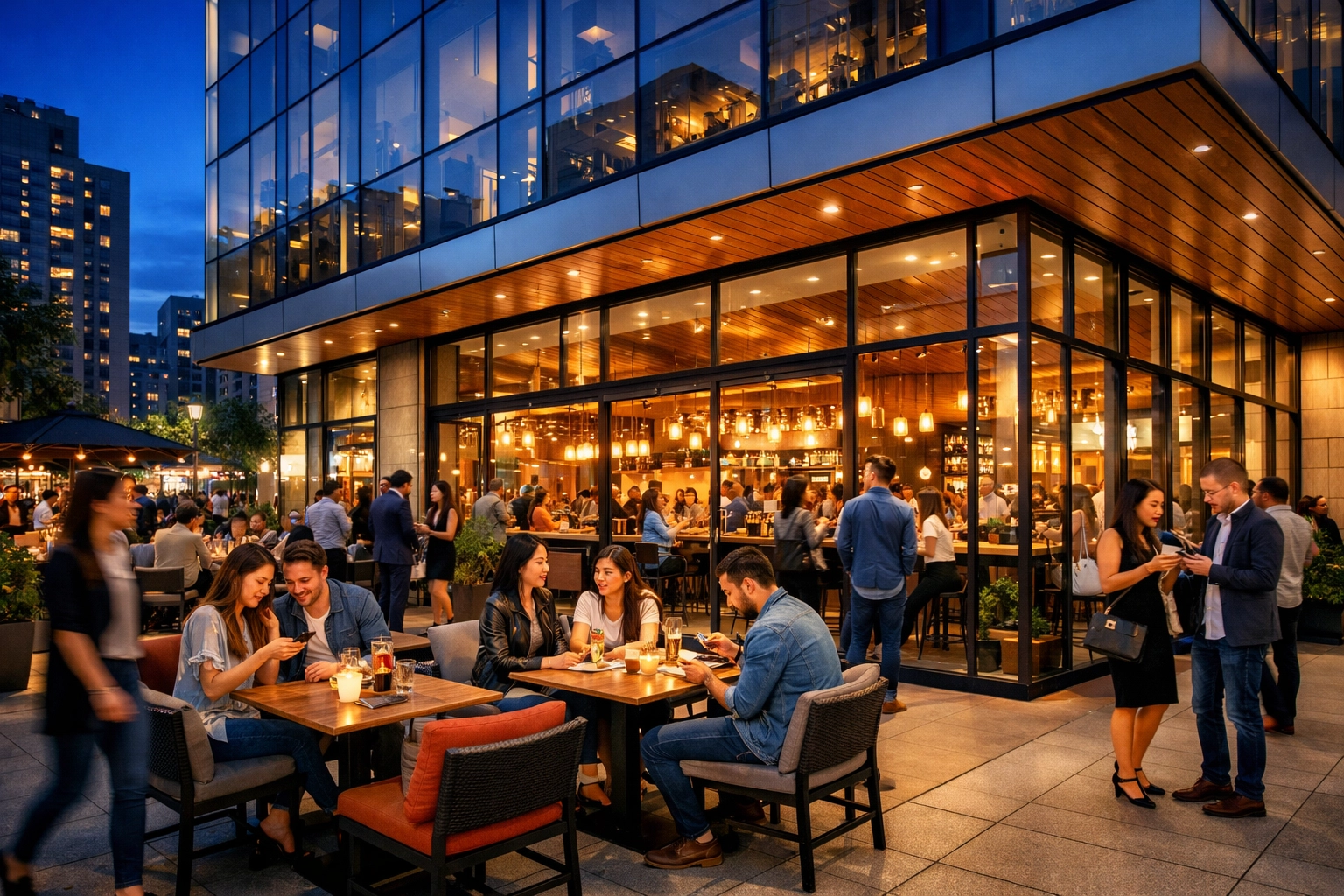 A busy flagship restaurant in an urban setting showcasing successful growth and physical retail strategy.