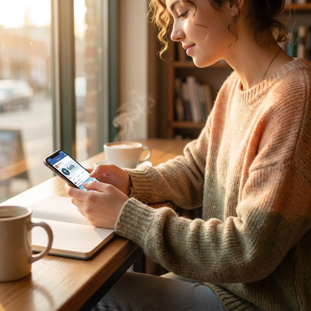 Teen using smartphone thoughtfully, digital faith concept