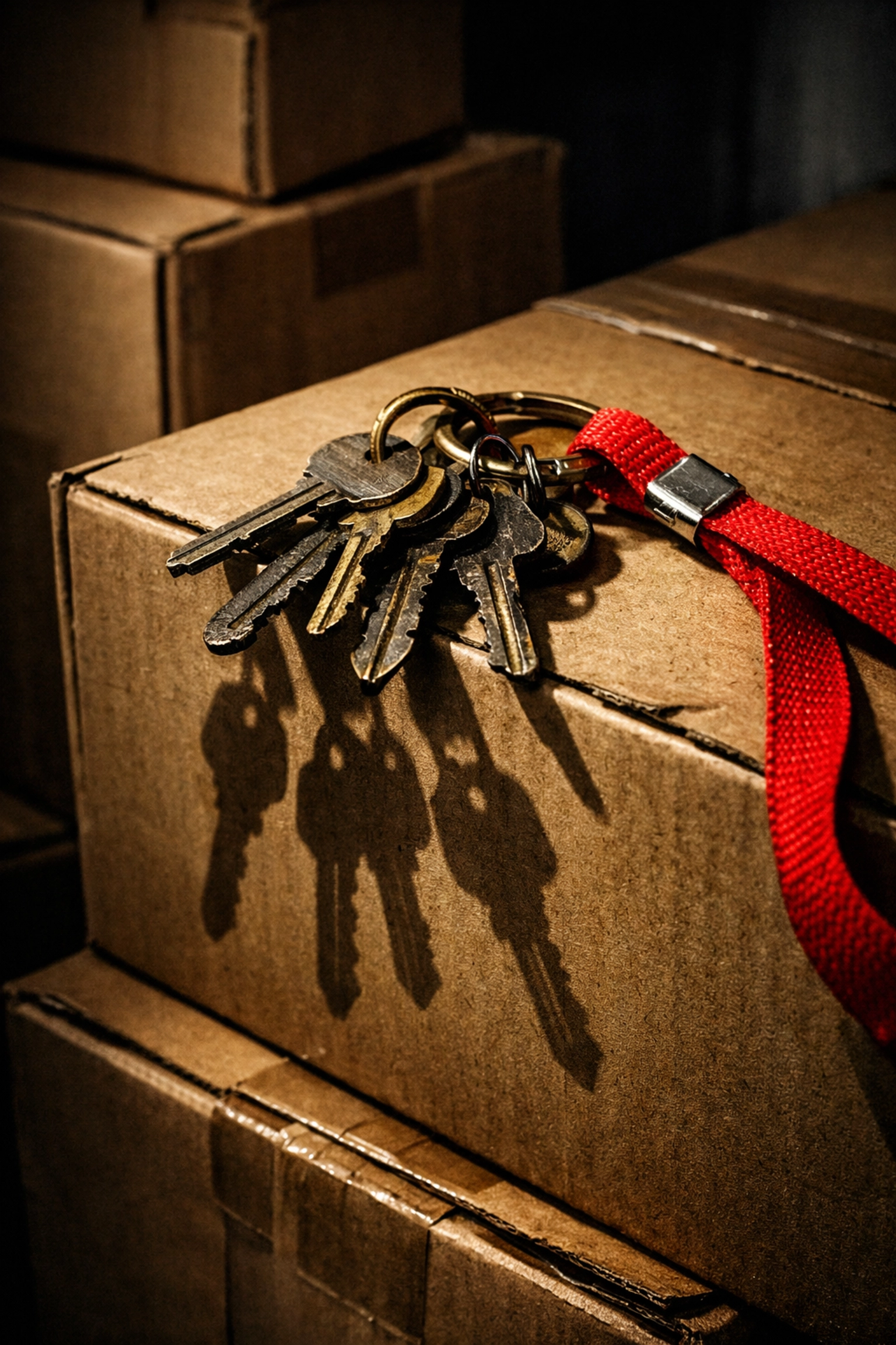 Old house keys on moving boxes representing ghost keys that require re-keying for new homeowners.