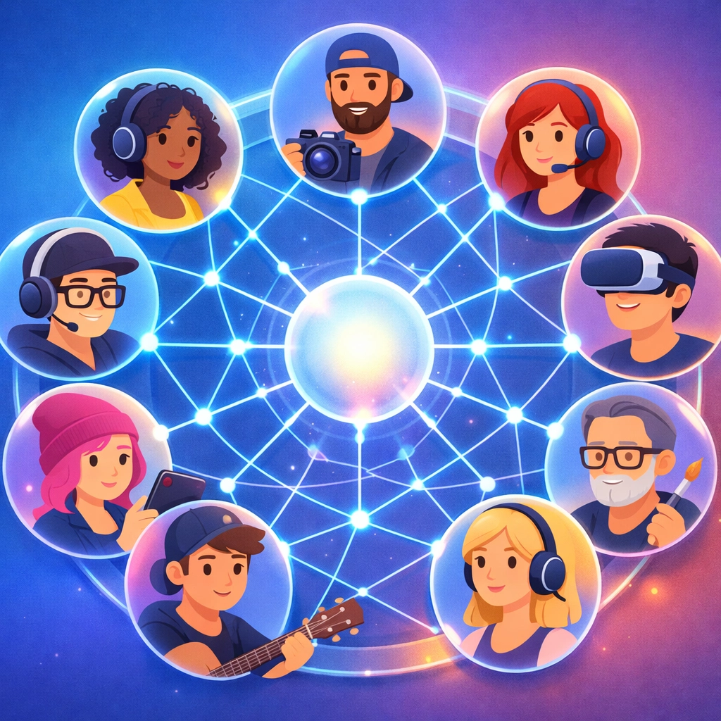 Connected creator community network with agency at center managing influencer partnerships