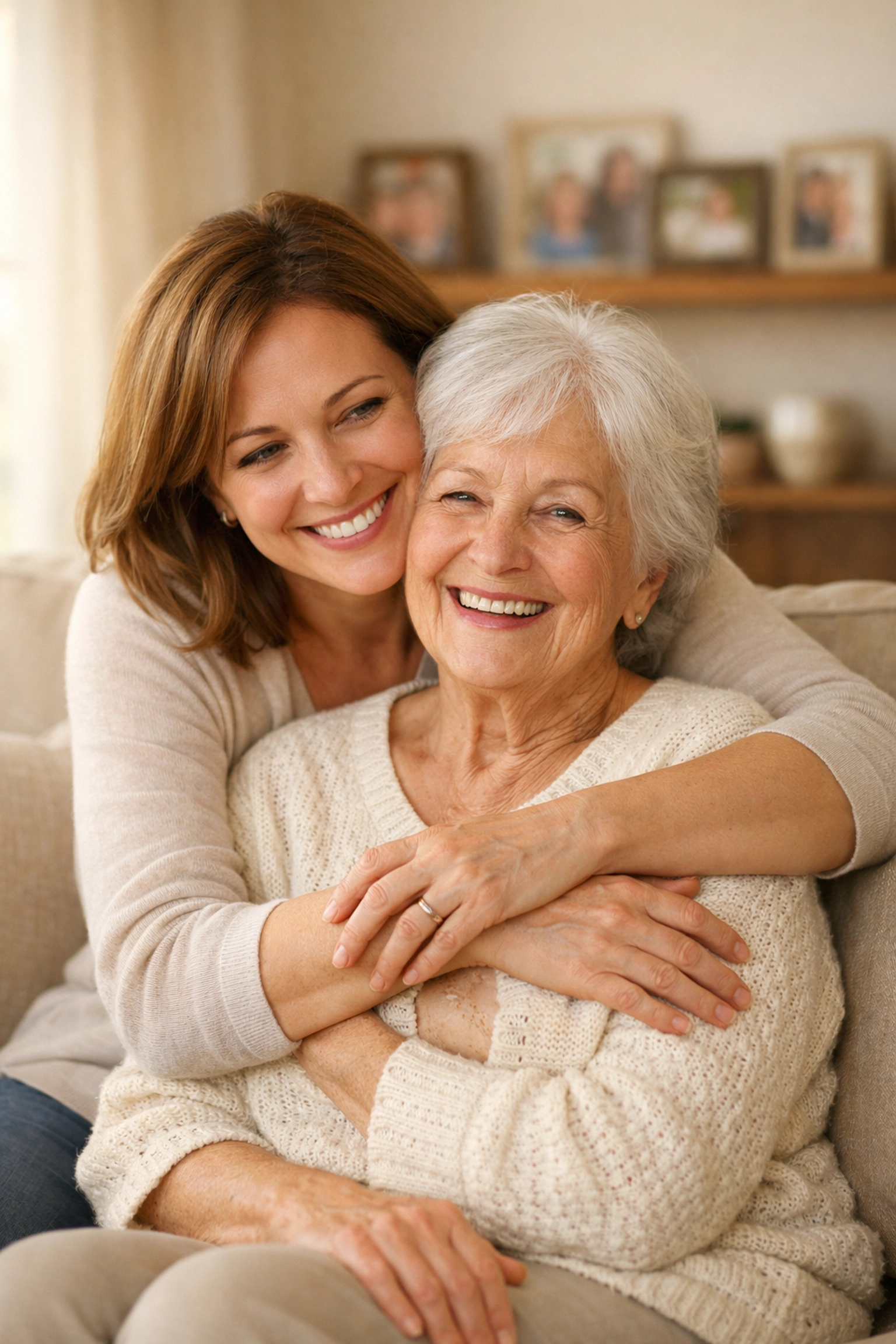 Adult daughter embracing elderly mother, protected by final expense insurance for family peace of mind Adult daughter embracing elderly mother, protected by final expense insurance for family peace of mind