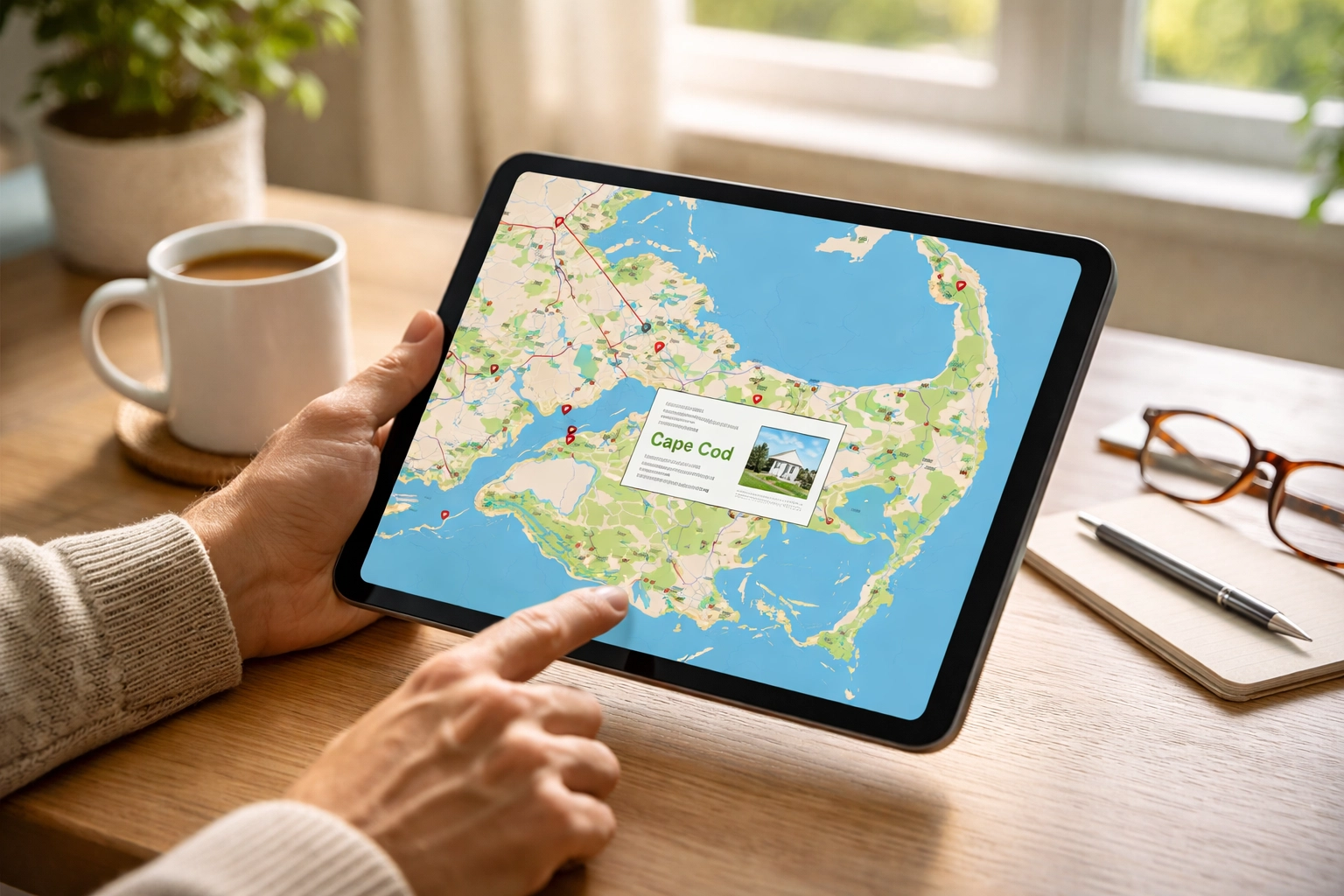 Cape Cod resident checking flood zone maps on a tablet at home, researching flood insurance options.
