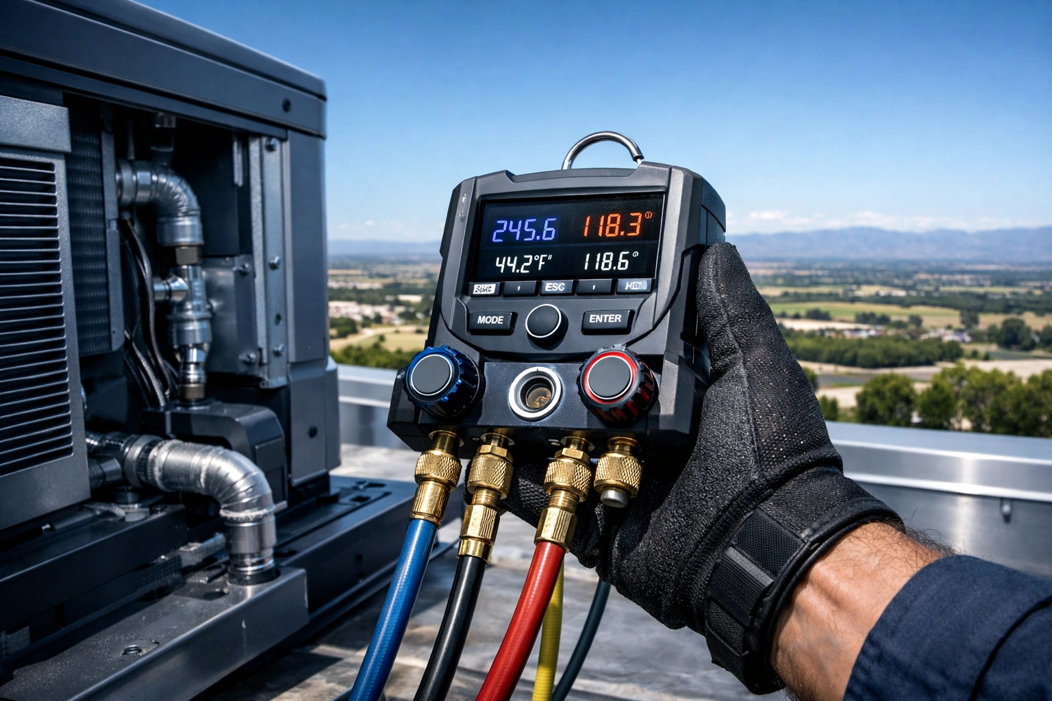 Professional HVAC technician using a digital manifold gauge to check refrigerant levels on a rooftop.