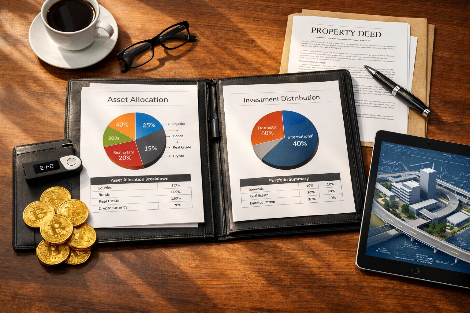 Institutional investment portfolio combining traditional assets with Bitcoin and alternatives