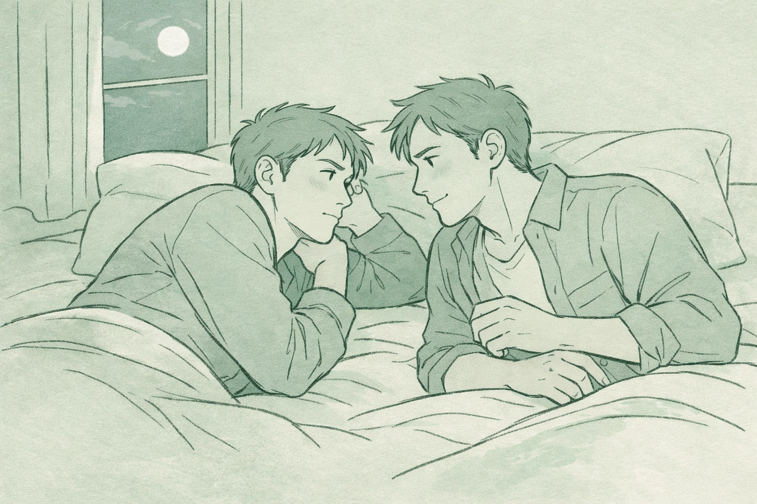 Gay couple lying in bed talking through first-time nerves with emotional intimacy