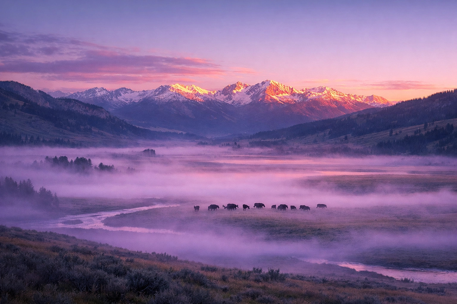 Sunrise over Lamar Valley with bison silhouettes, showcasing the vast Yellowstone wilderness for students.