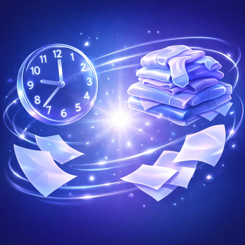 Floating household objects illustrating sensory overwhelm and the mental weight of neurodivergent executive functioning.