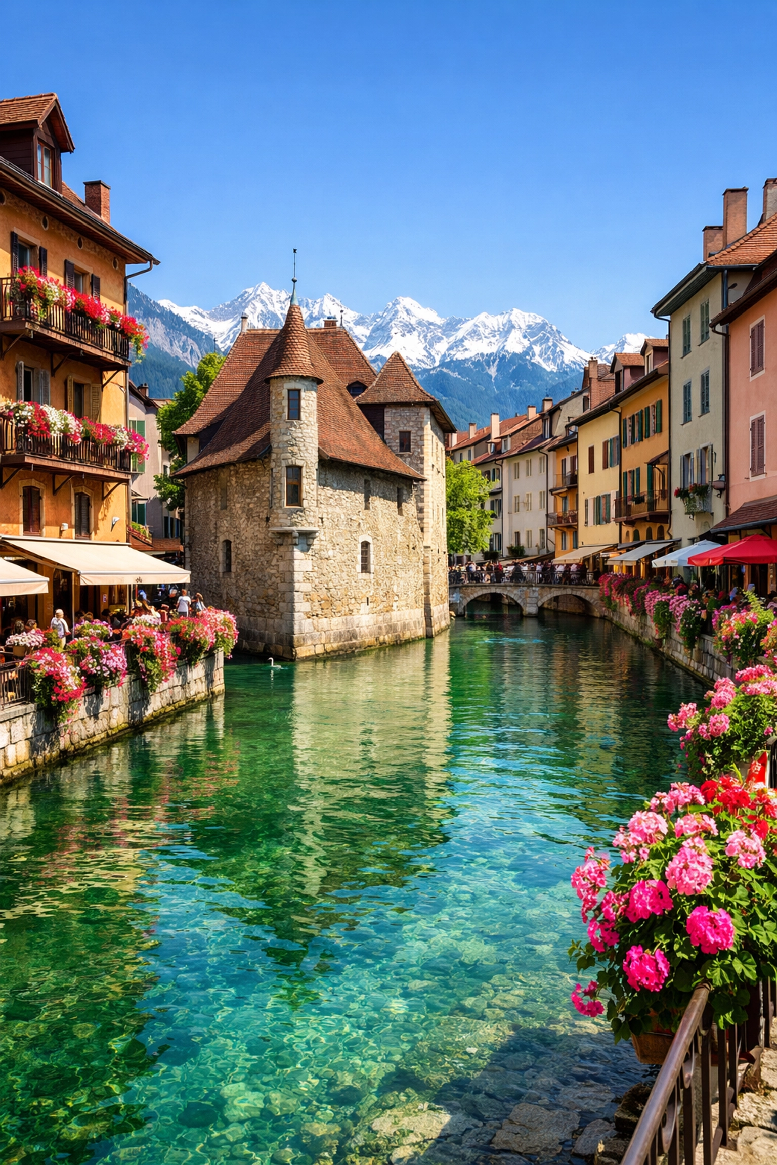 Beautiful canals and colorful medieval buildings in Annecy, France, with the snow-capped Alps in the distance.