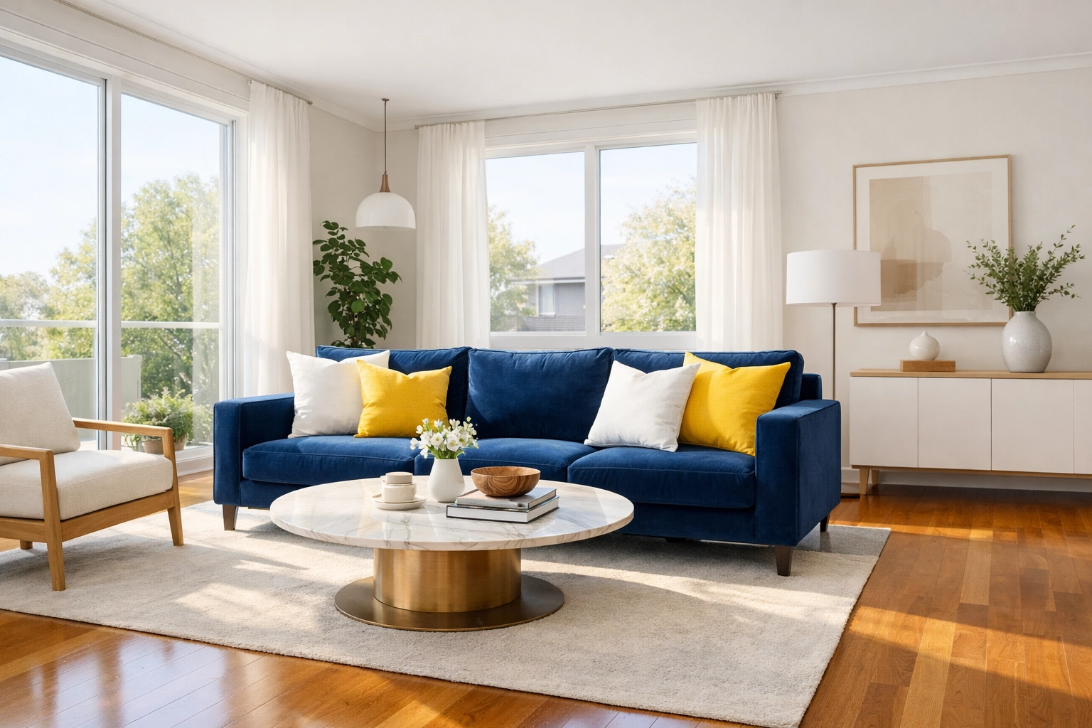 A clean and clutter-free living room with a blue velvet sofa and yellow accent pillows.