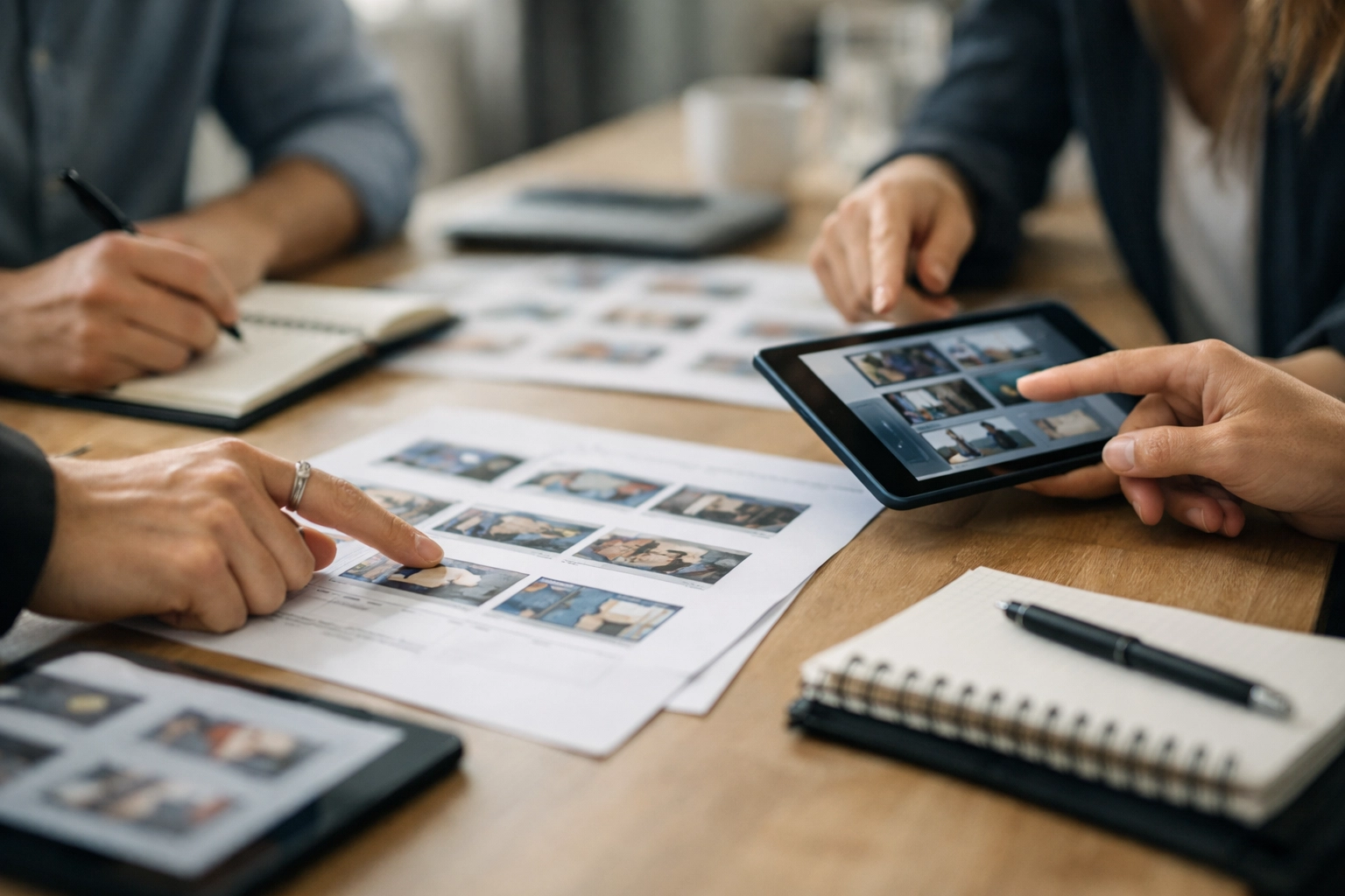 Collaborative marketing planning session with storyboards and tablets