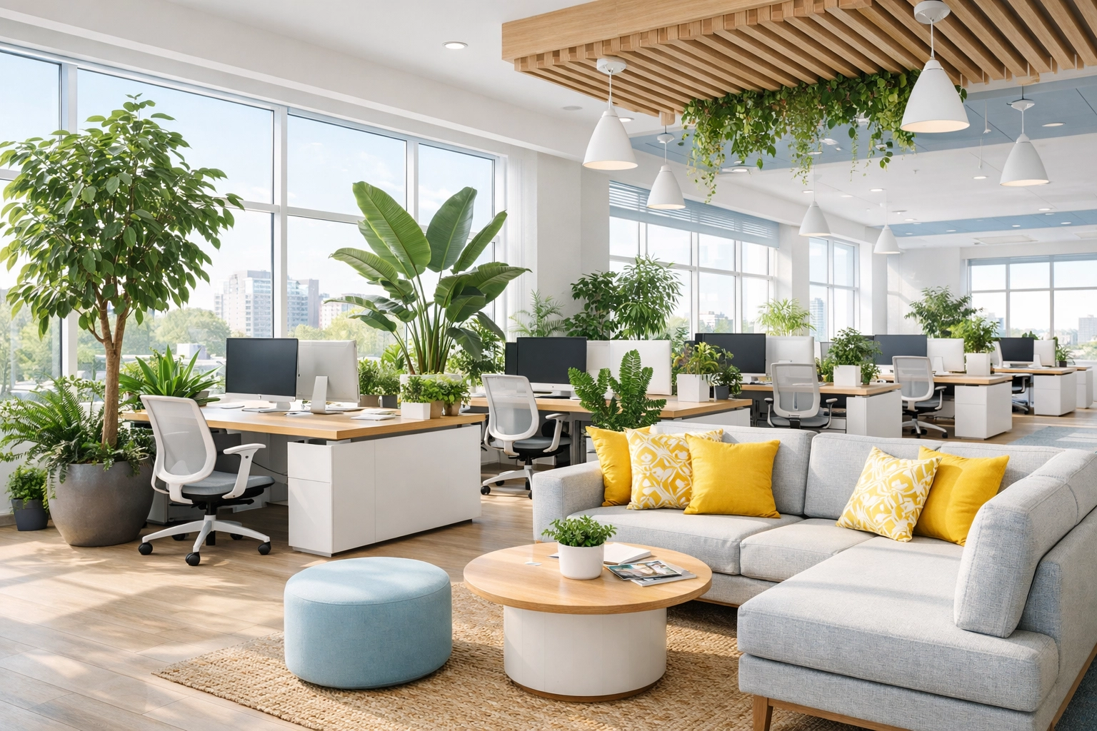 A bright, eco-friendly open office in Hopkinton promoting productivity through professional cleaning.