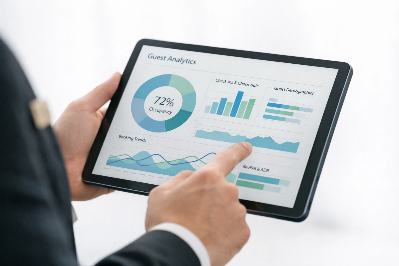 Hotel staff reviewing guest analytics and data on CRM system tablet