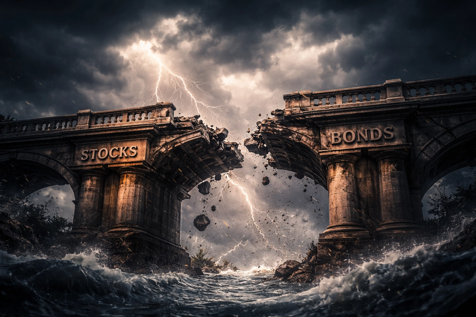 A crumbling stone bridge over stormy waters symbolizes the instability of traditional 60/40 portfolios under market stress.