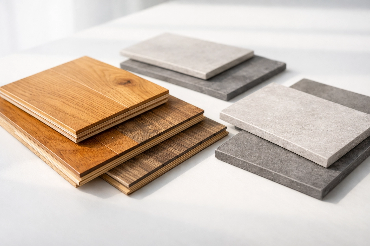 Premium flooring material samples for Orlando home renovation including hardwood, vinyl, and porcelain tile