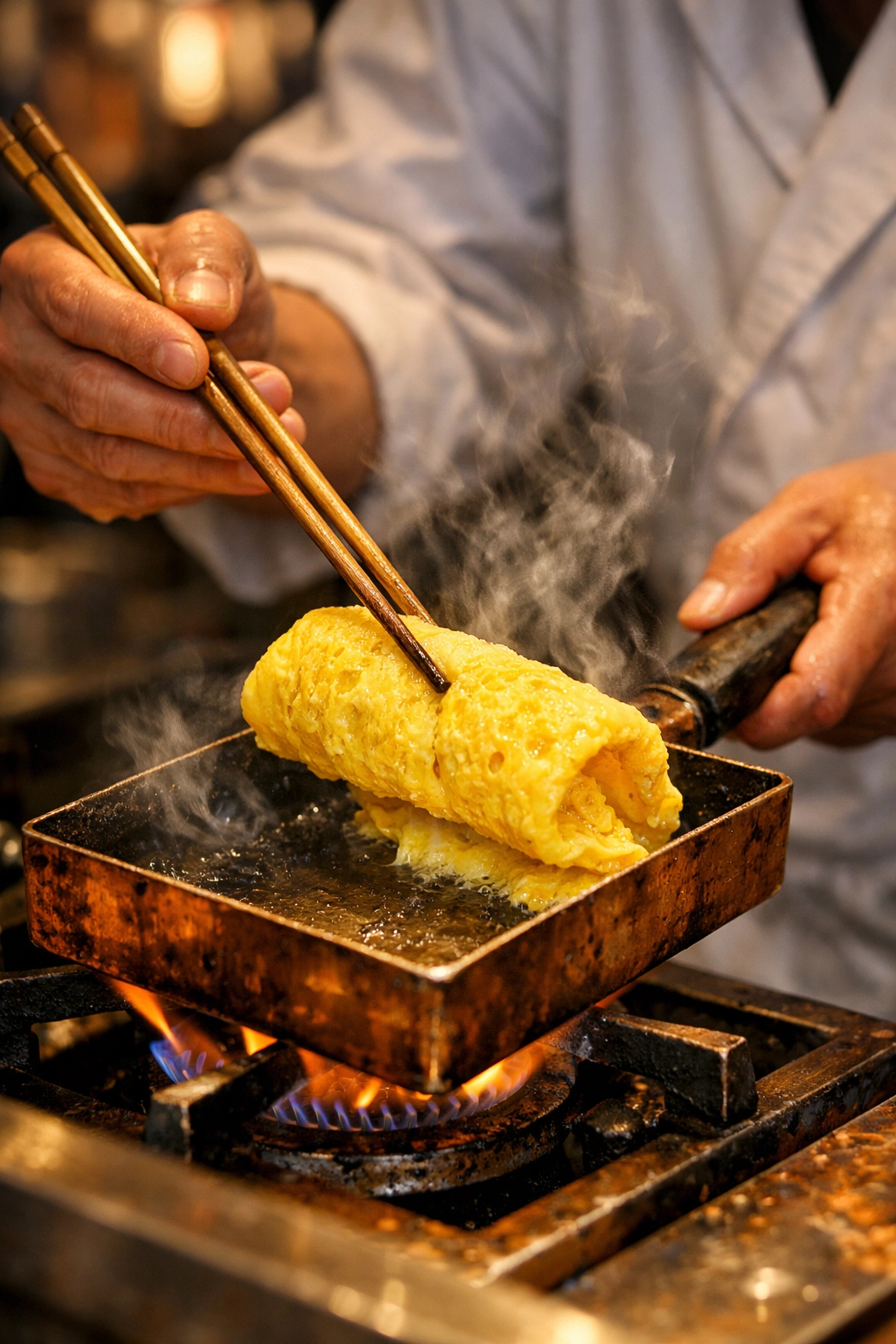 A Japanese chef flipping fresh Tamagoyaki at a Tsukiji Outer Market street food stall.