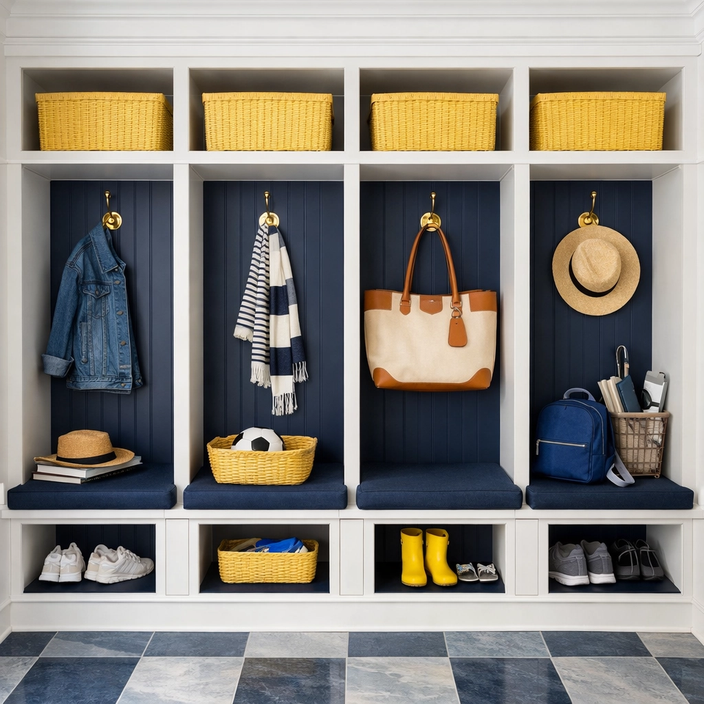 An organized Wellesley mudroom with polished slate floors and custom white cabinetry from a residential cleaning service.