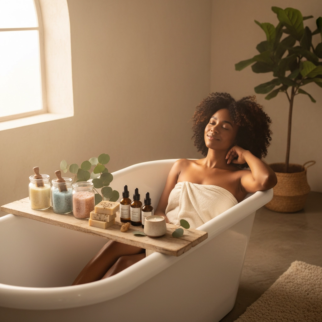 African American woman adding mineral bath salts to a warm tub in a peaceful, spa-inspired bathroom