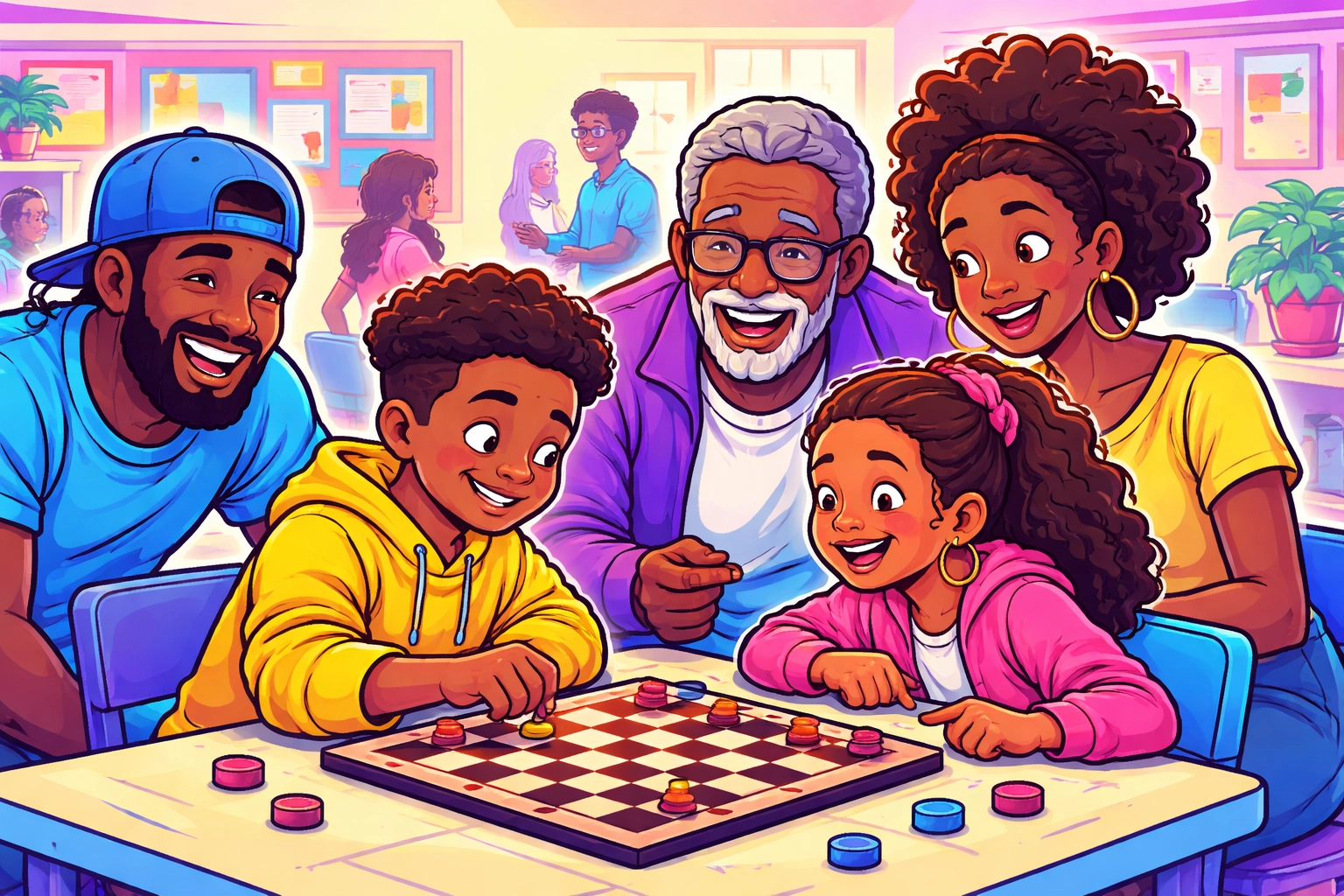 Cartoon-style graphic: minority youth and families playing checkers and building community (TBCC pink-yellow-blue palette)