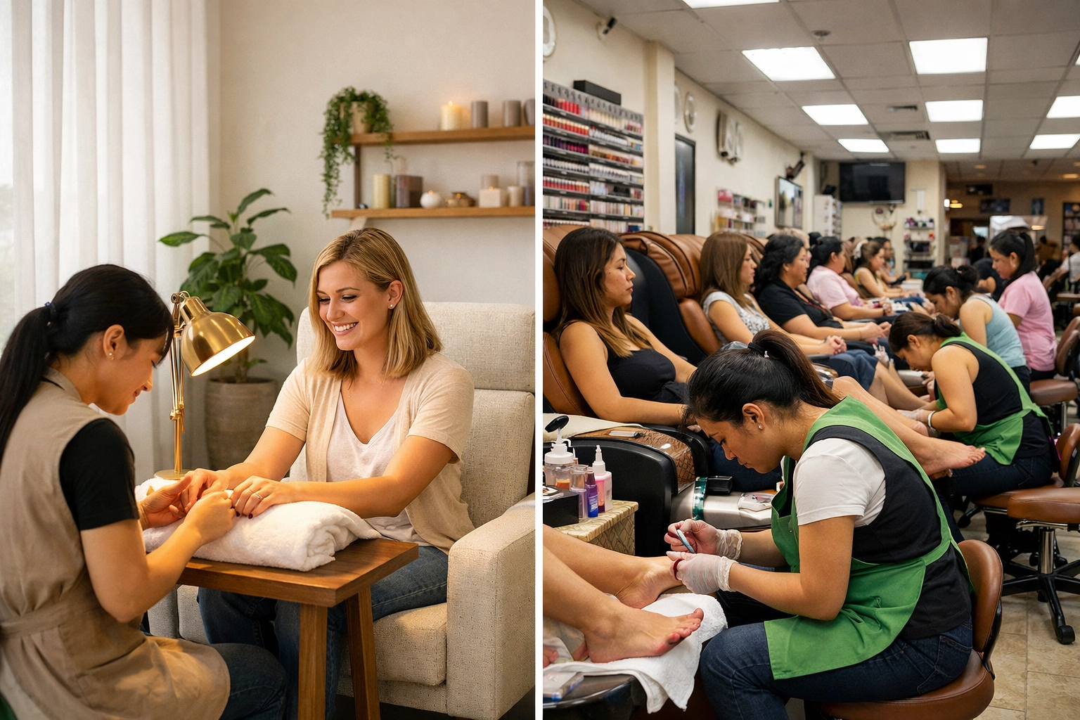 Private Westwood nail studio vs crowded traditional salon showing personalized manicure experience