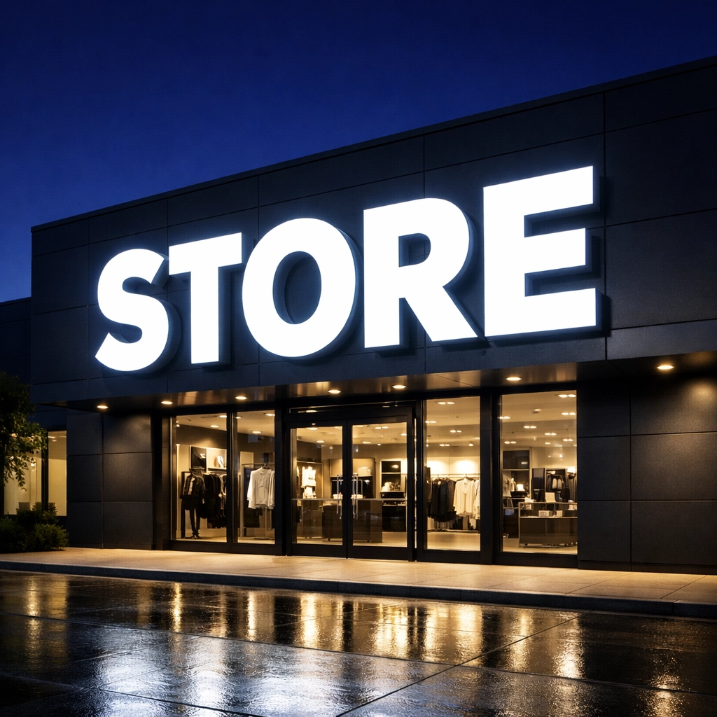 Modern retail storefront featuring bright white LED channel letter signage at twilight.