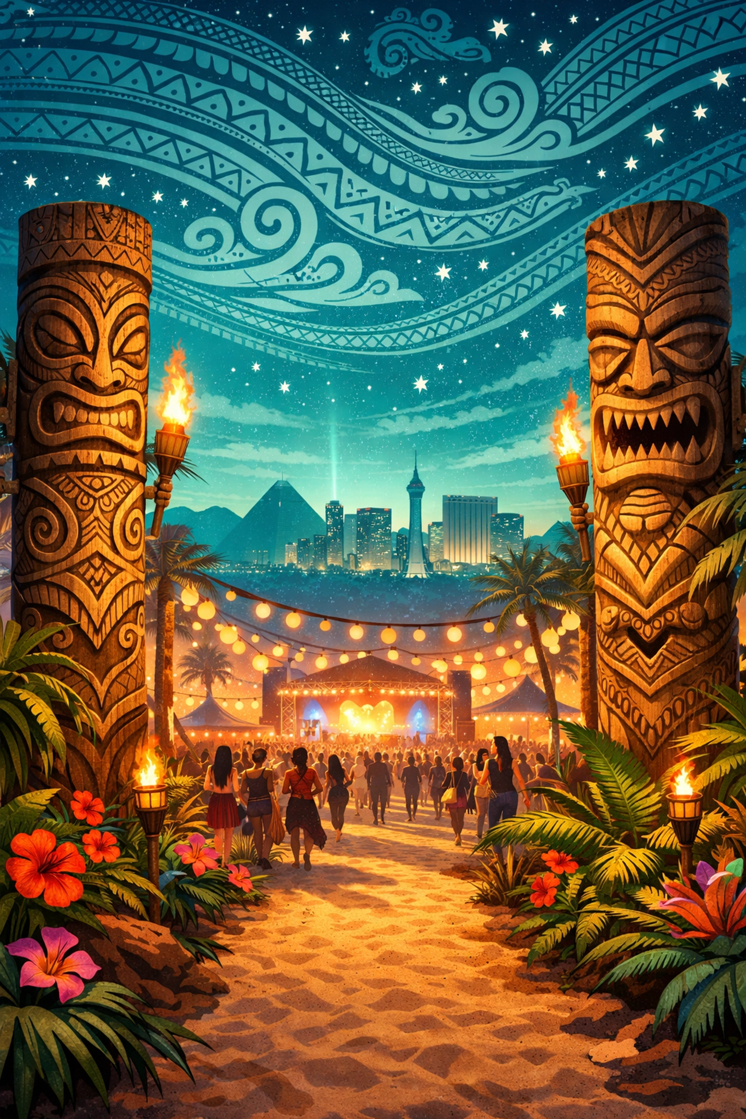 Las Vegas skyline meets island spirit with tribal carvings and tropical plants at Talofa Fest.