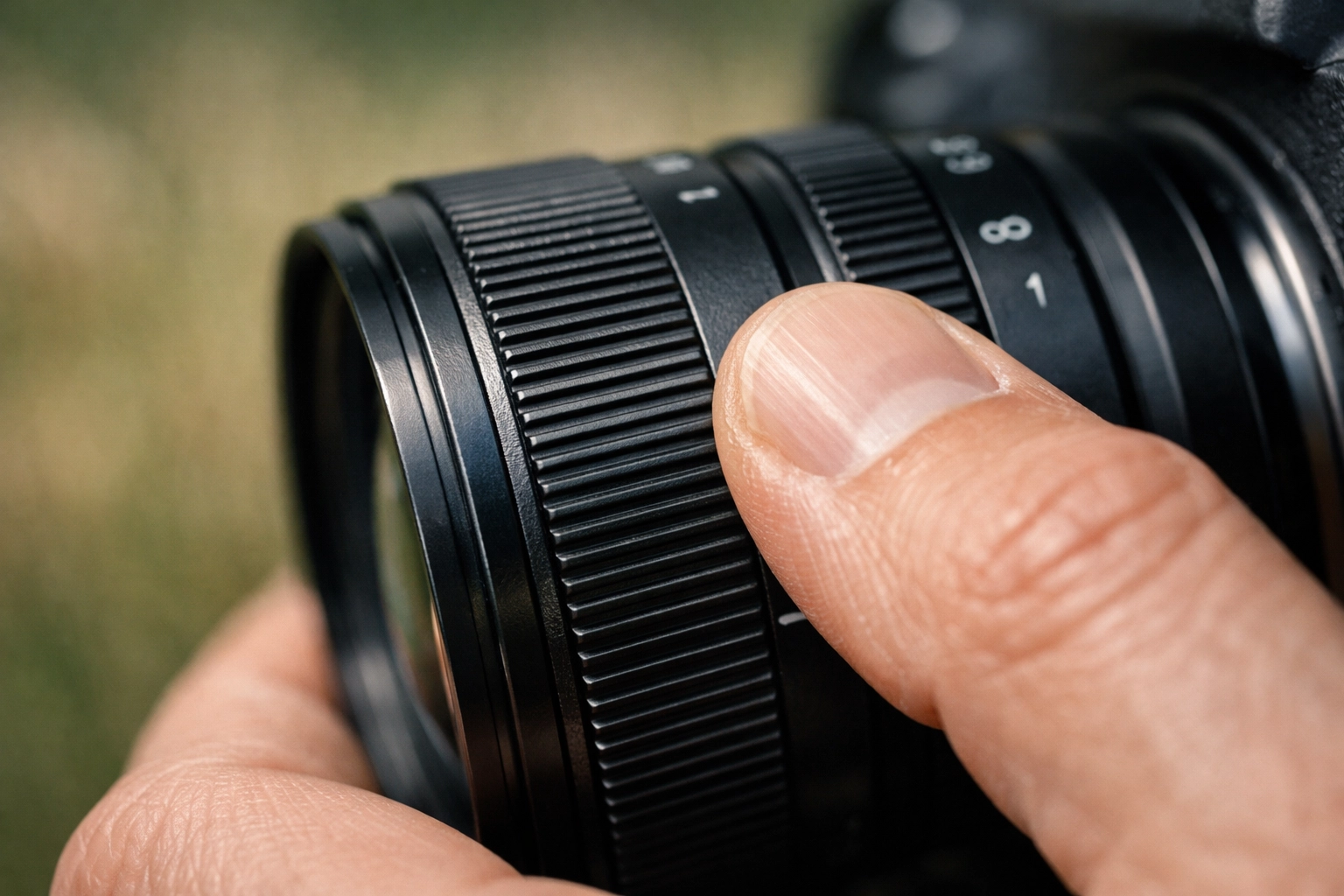 Photographer manually adjusting a prime lens focus ring for a sharp fine art photography shot.