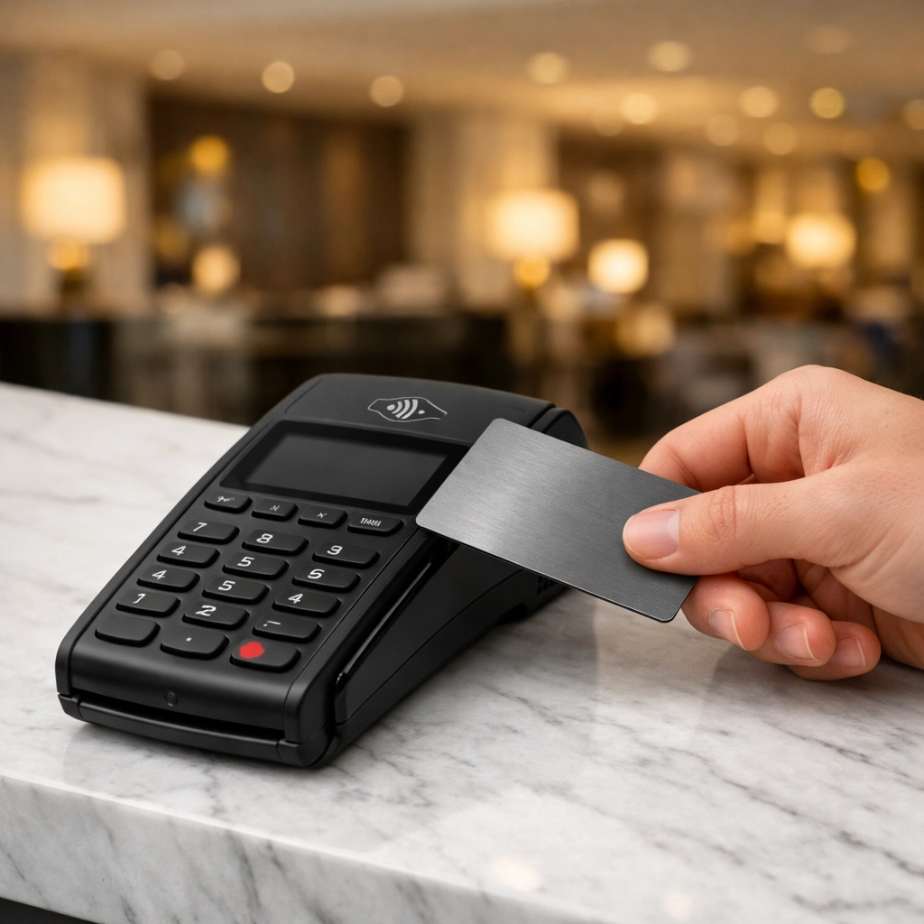 Secure payment terminal at a luxury hotel front desk using integrated hospitality finance software.