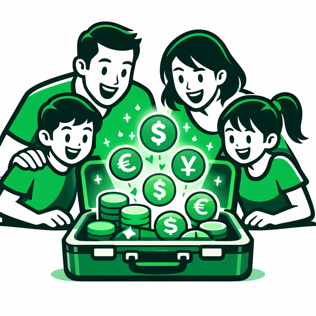 Minimalist illustration of a family finding cash-back savings for 2026 family travel in their suitcase.