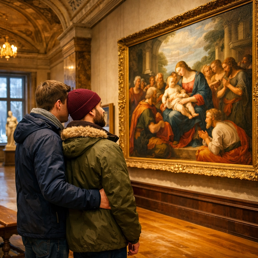 Two men enjoying quiet museum gallery during winter city break