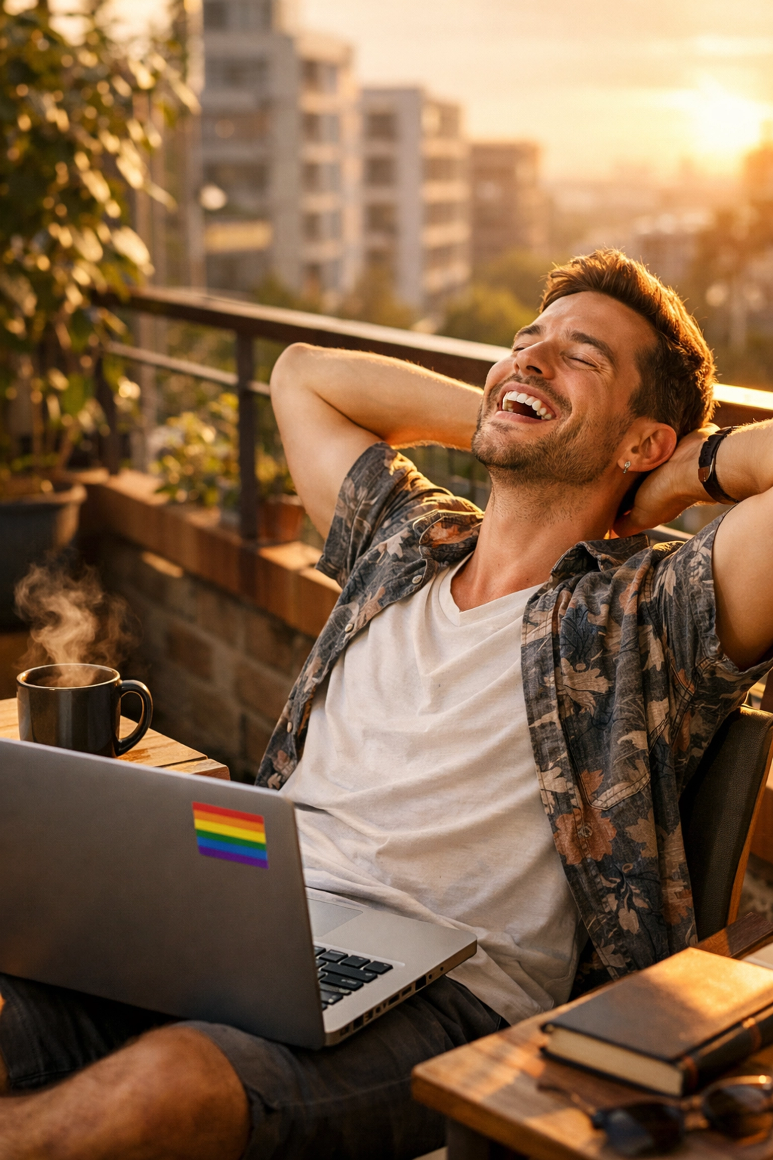A successful gay author tracking book sales and 96% royalties on a sun-drenched balcony at Read with Pride.