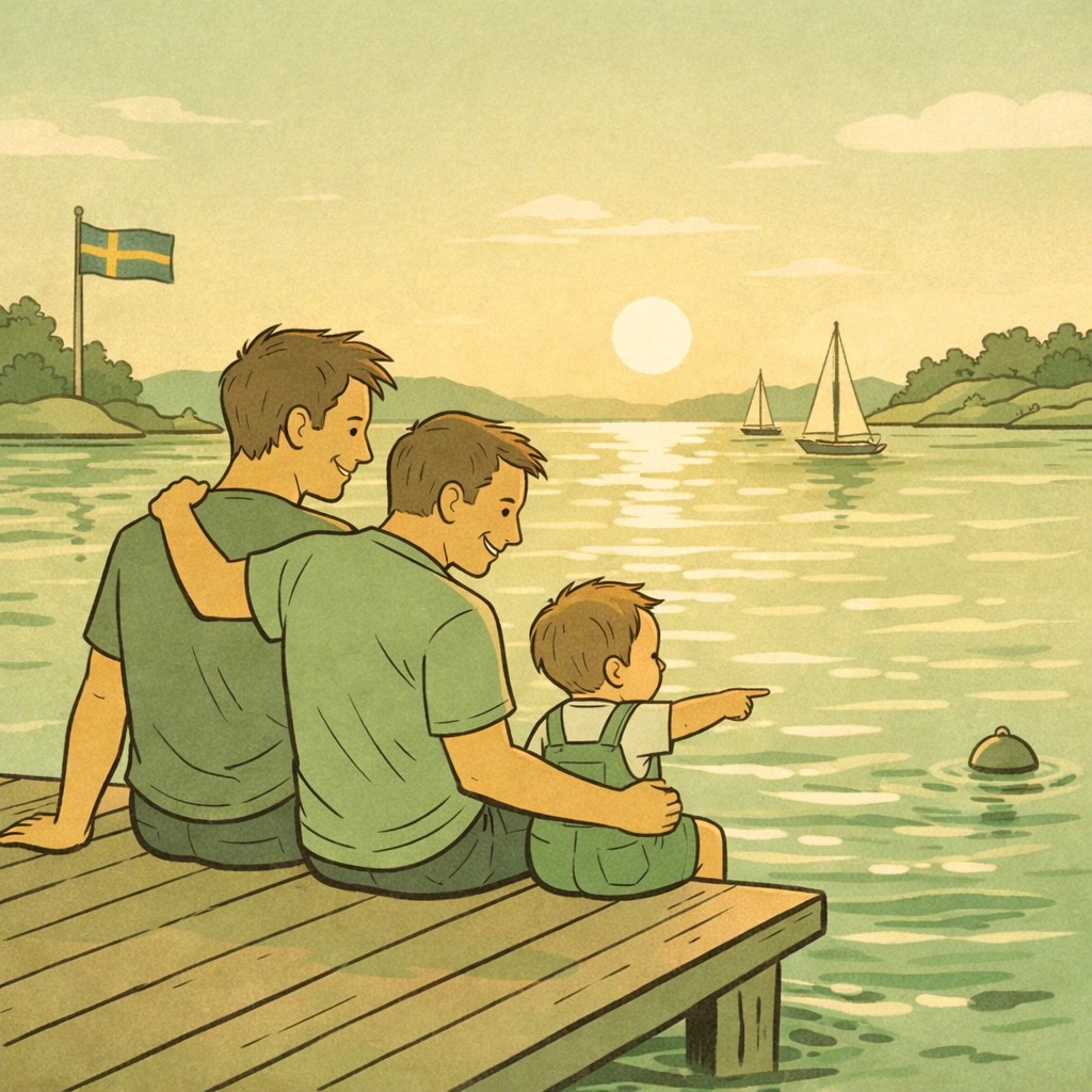 Two gay fathers with toddler enjoying sunset at Stockholm waterfront, modern rainbow family moment