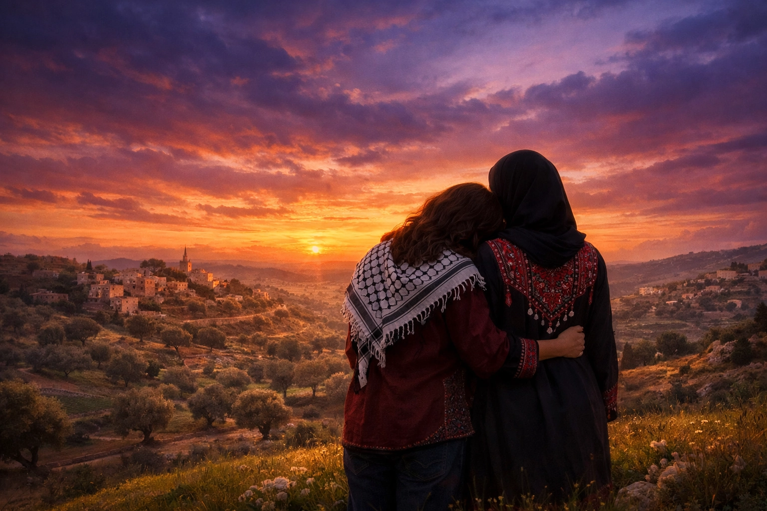 Palestinian lesbian couple standing on a hill overlooking olive groves at sunset, representing love and freedom.