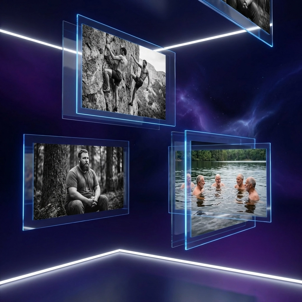 A digital exhibition showcasing diverse nudism in art and photos of gay men of all body types.