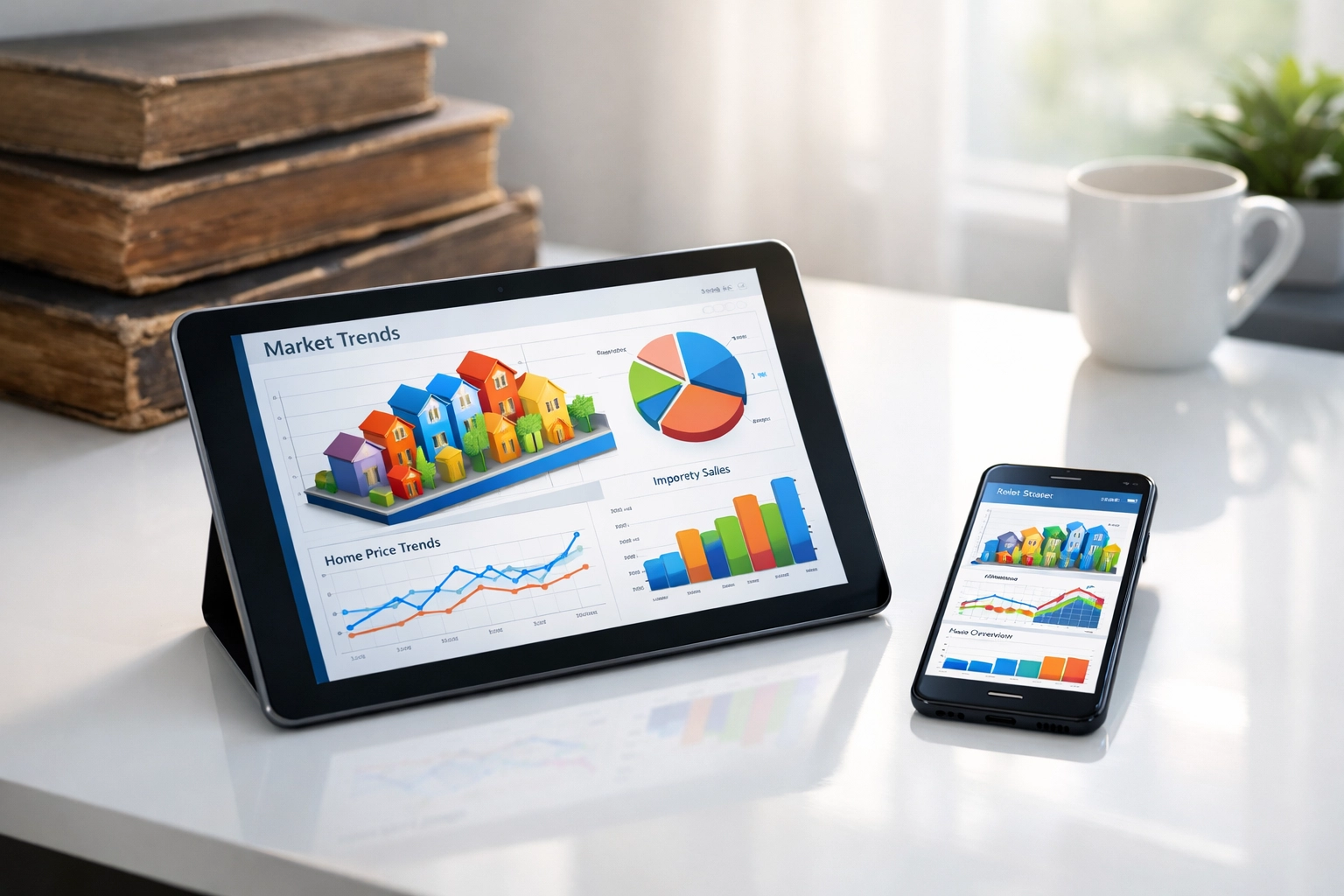 Clases de bienes raíces en línea mediante tablet y smartphone en un escritorio moderno.