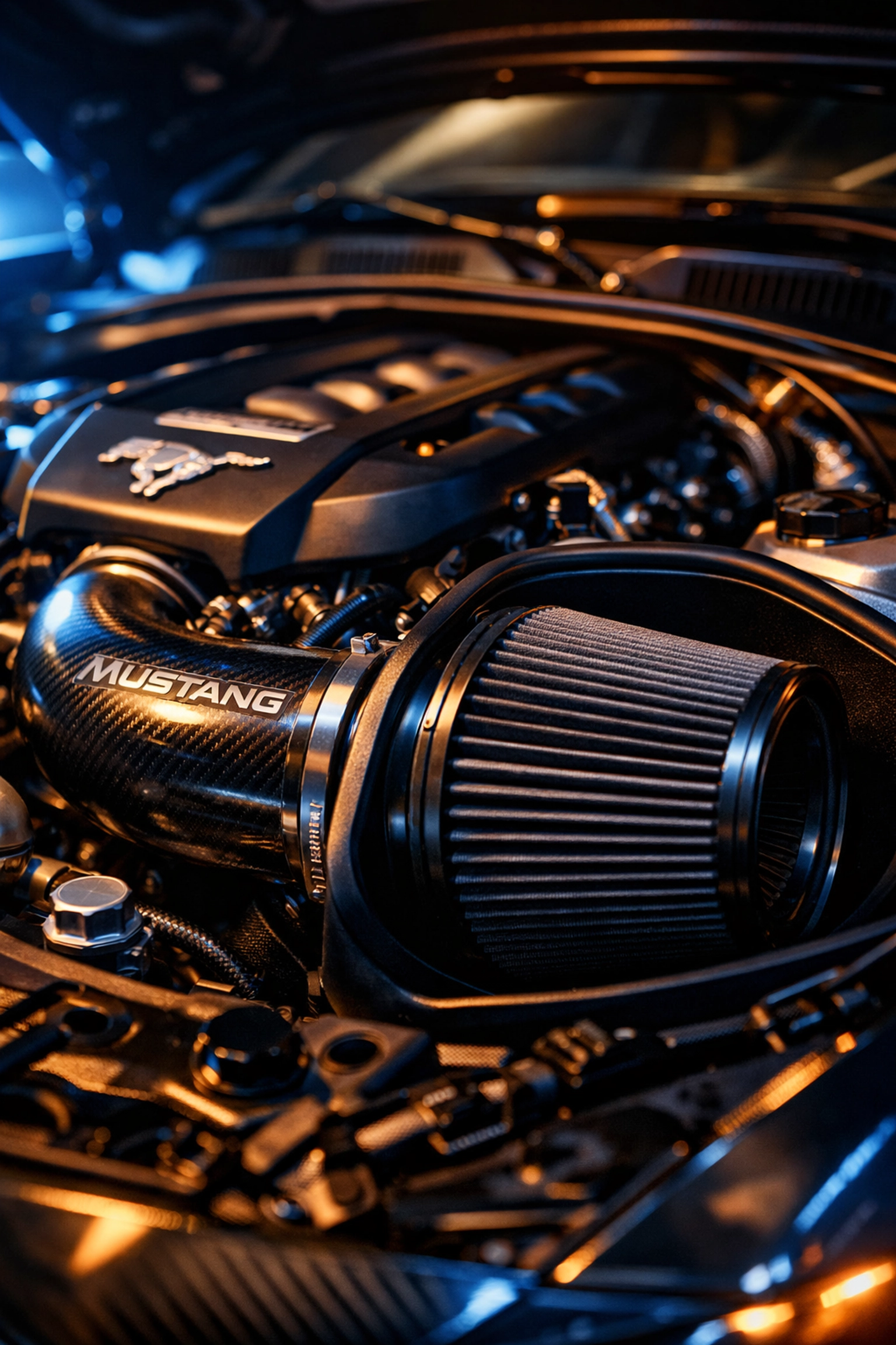 High-performance cold air intake installed in a Ford Mustang S650 engine bay for maximum power.