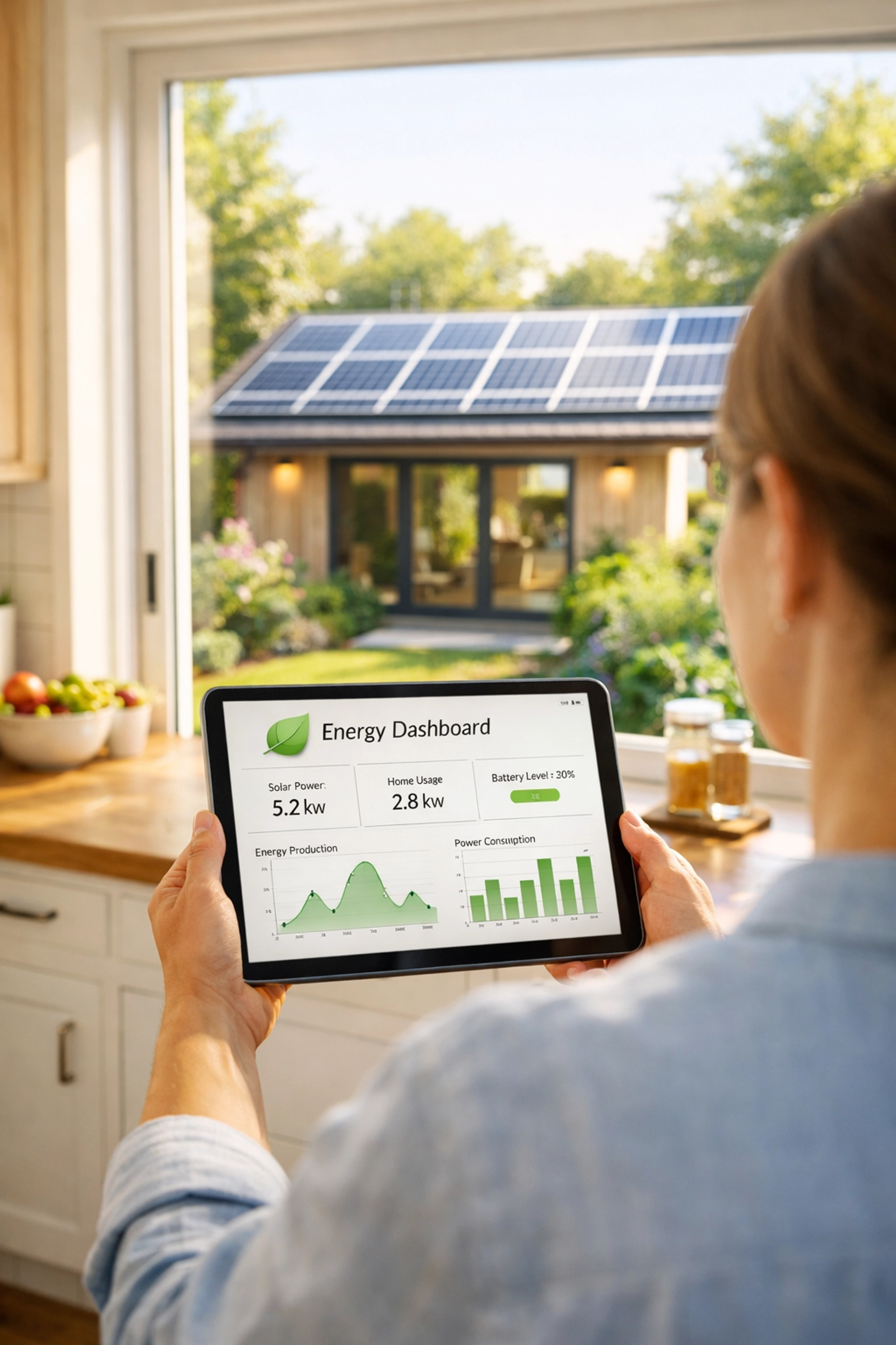 A homeowner using a digital app for solar energy monitoring and maintenance to track electricity generation.