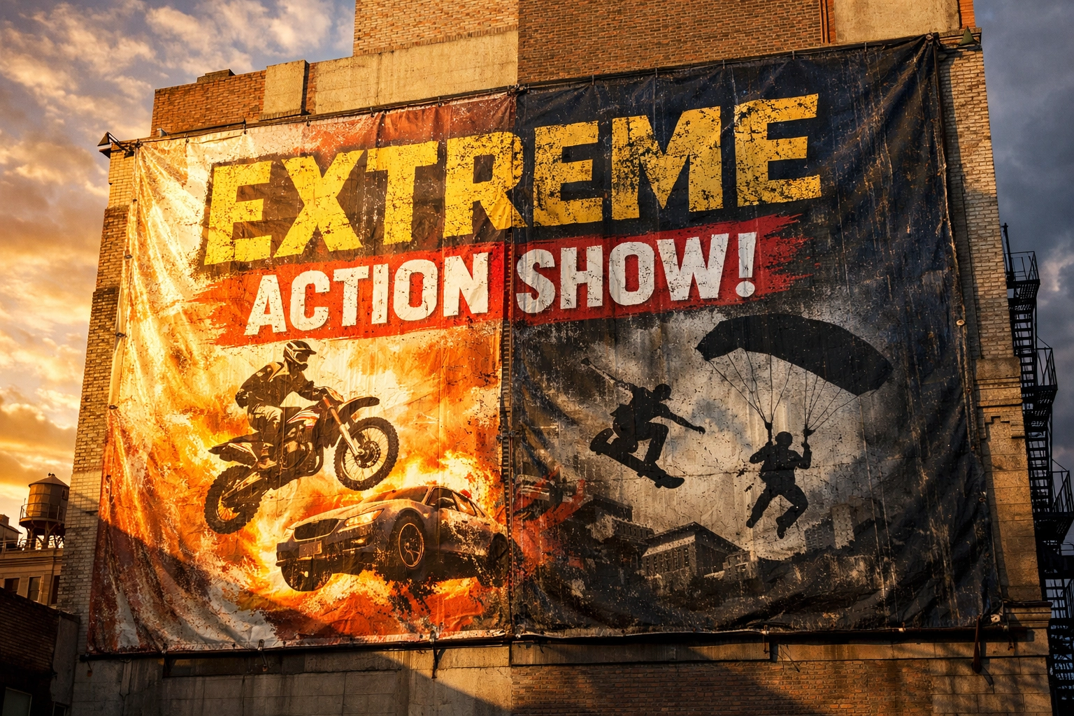 Weathered outdoor scrim vinyl banner on building maintaining vivid graphics over time