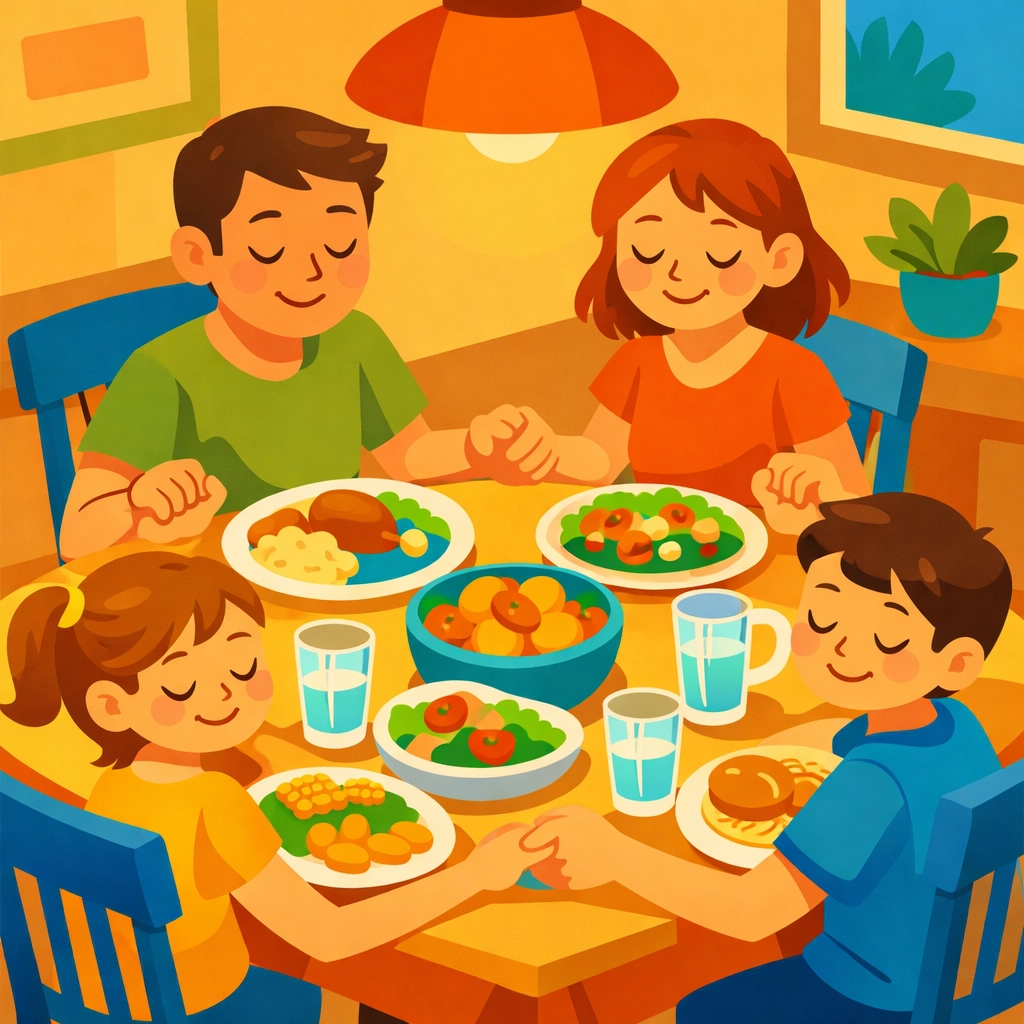 Family holding hands in prayer before dinner, practicing faith-based parenting together