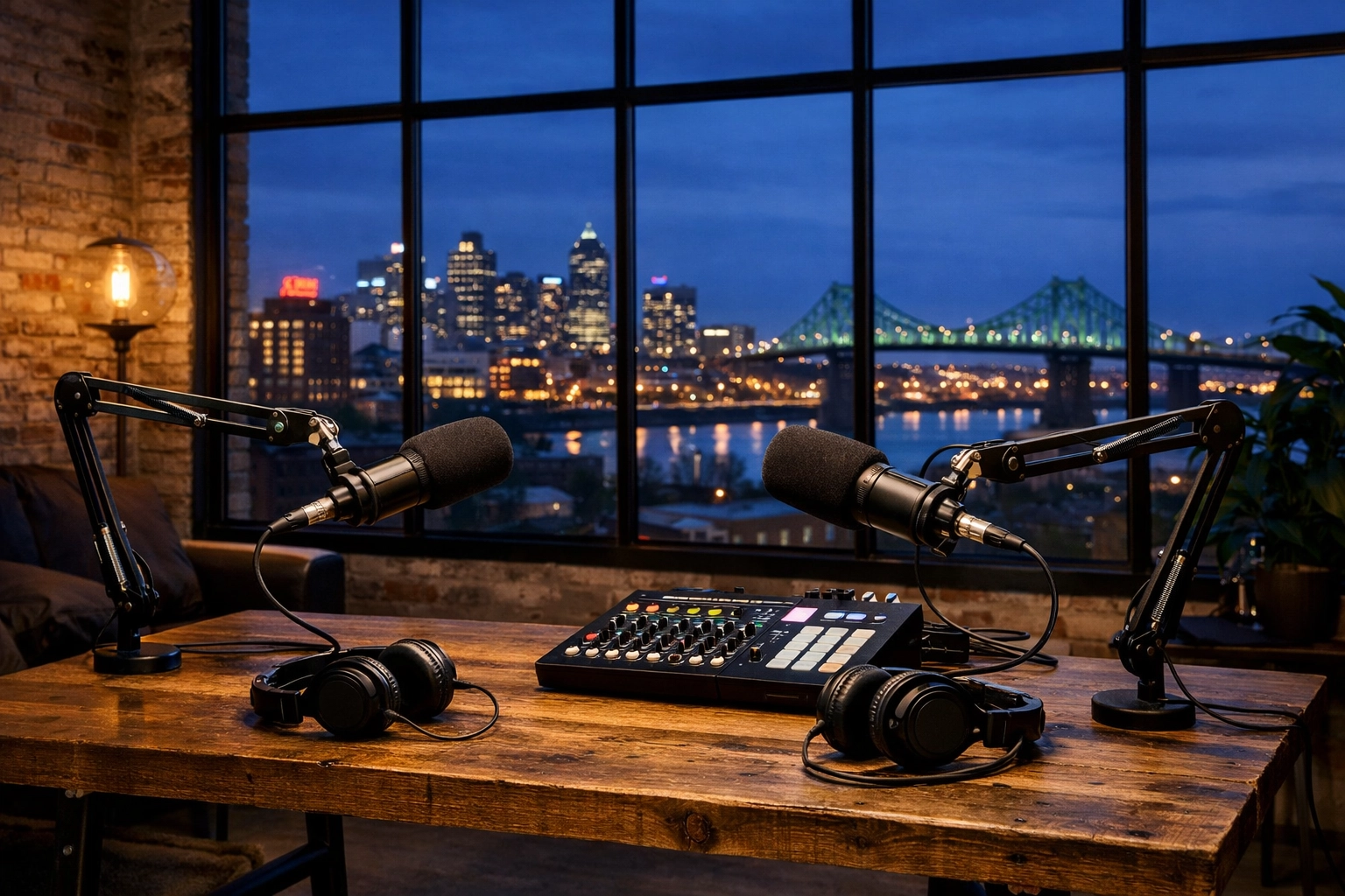 Professional podcast studio setup in a St-Henri loft featuring microphones and a view of the Montreal skyline.