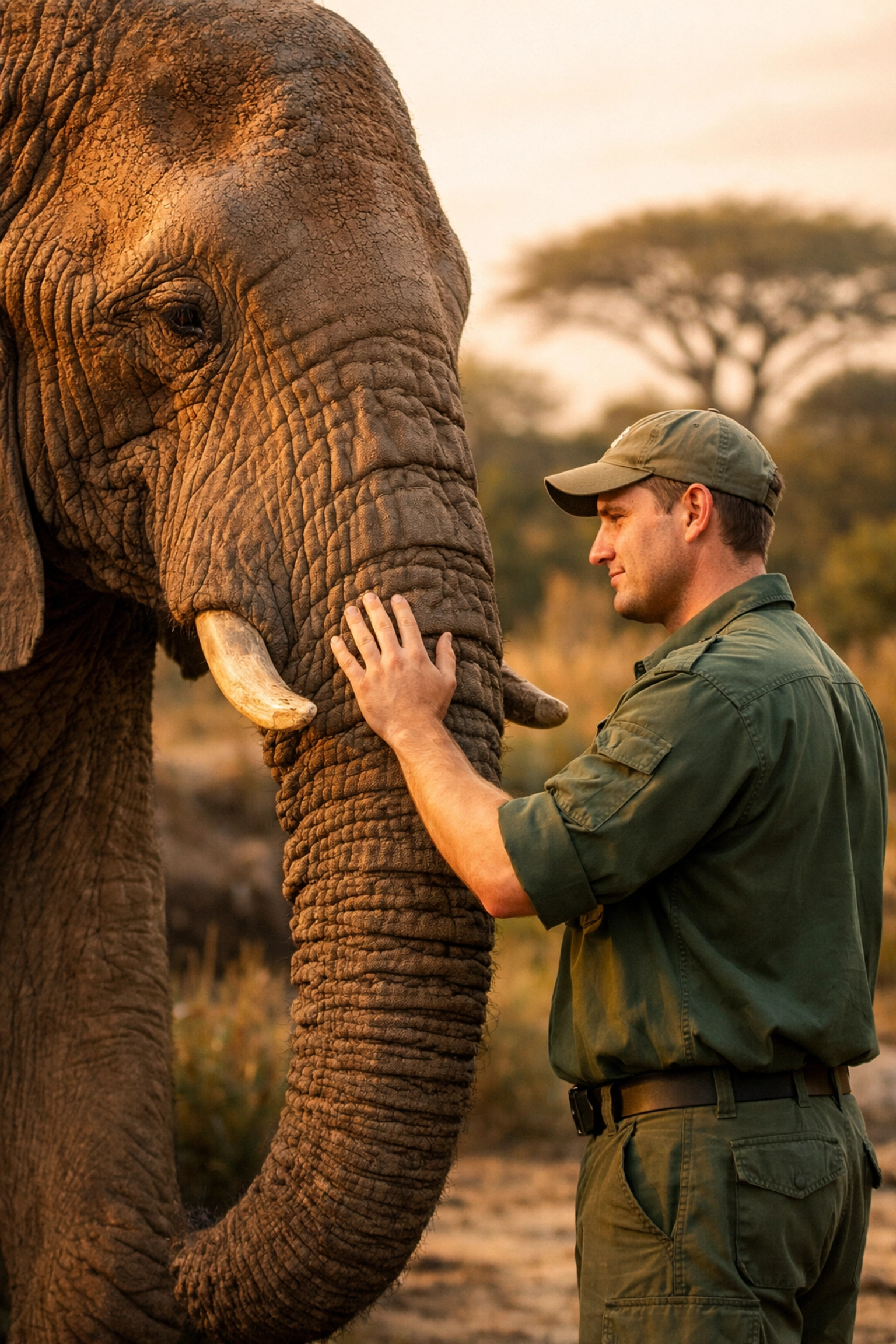 Professional zoo photography of a keeper and elephant, illustrating conservation mission and brand identity.