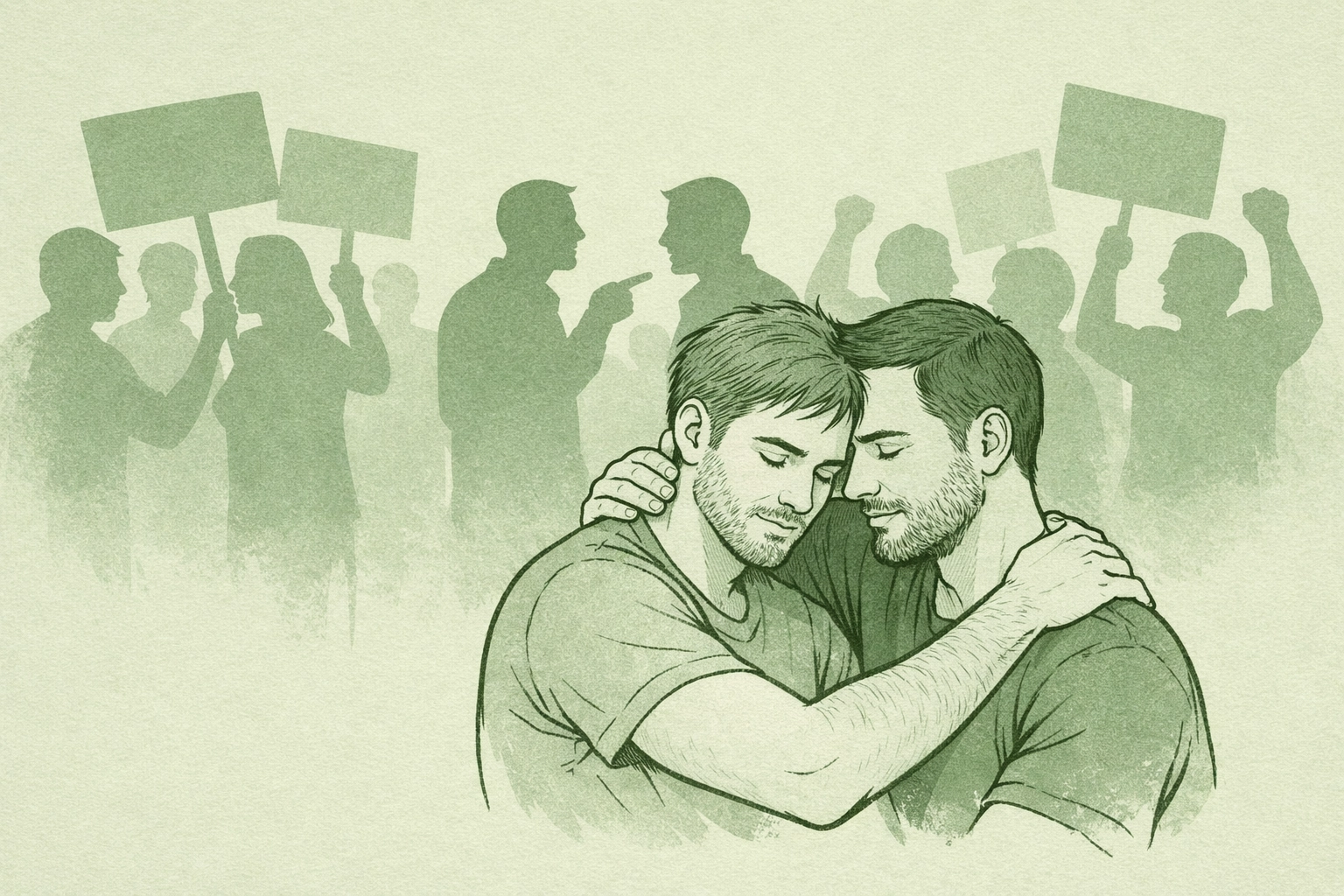Gay couple embracing while protestors debate LGBTQ+ marriage rights in background