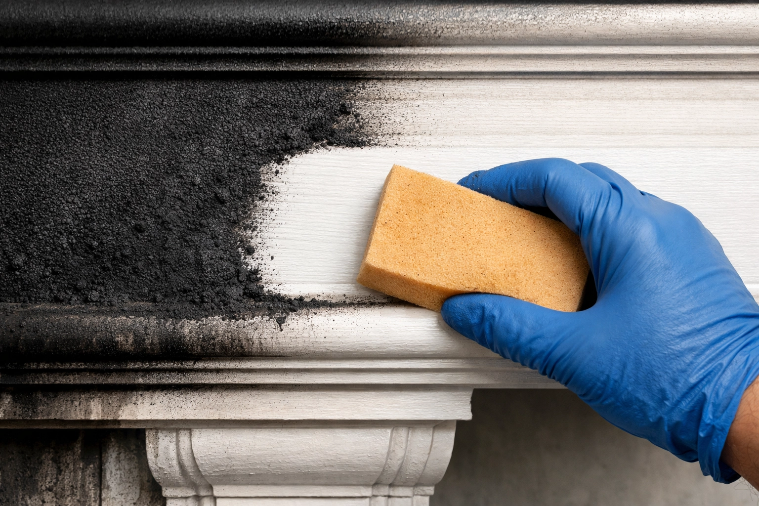 Restoration expert cleaning thick soot from a mantel during fire and smoke damage restoration in Tuscaloosa.