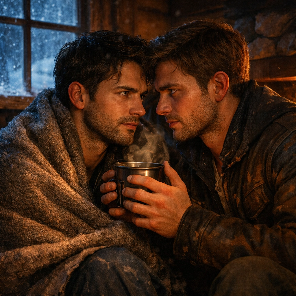 Two men sharing hot cocoa by a fireplace in a snowy cabin, illustrating the forced proximity trope in MM romance.