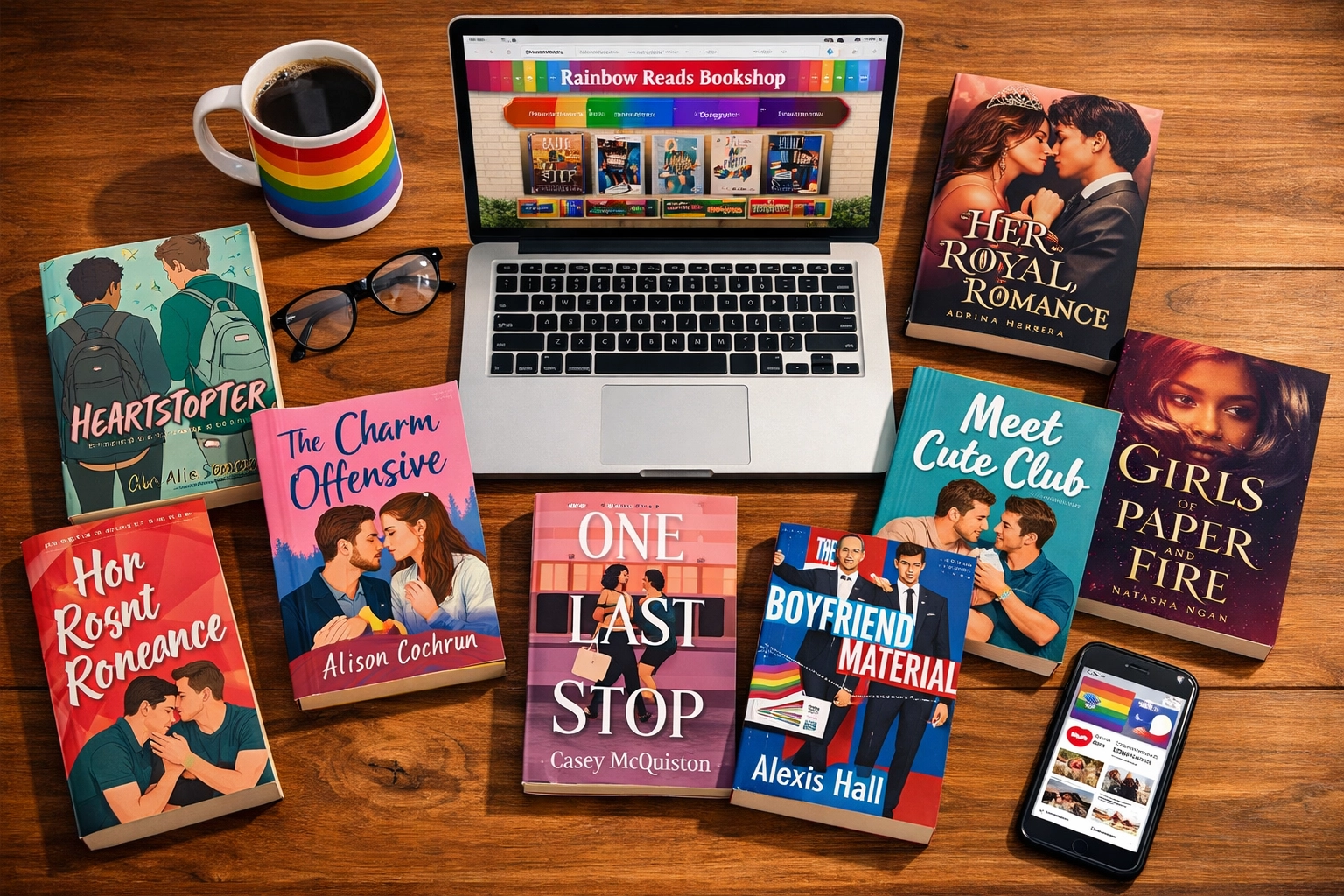 LGBTQ+ romance books with laptop for buying direct from independent authors
