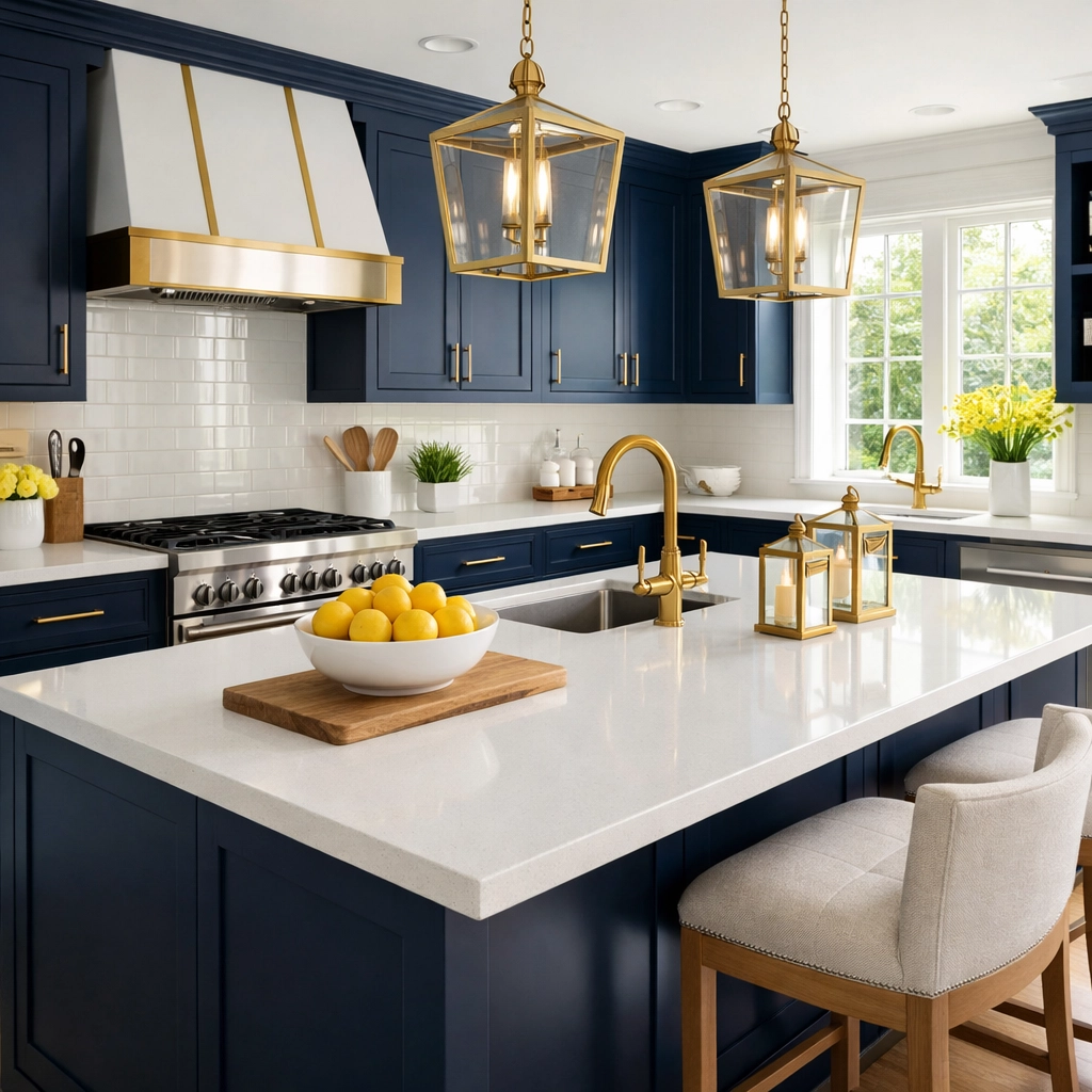 Immaculate white quartz countertops and navy cabinets after post construction cleaning Walpole renovation.