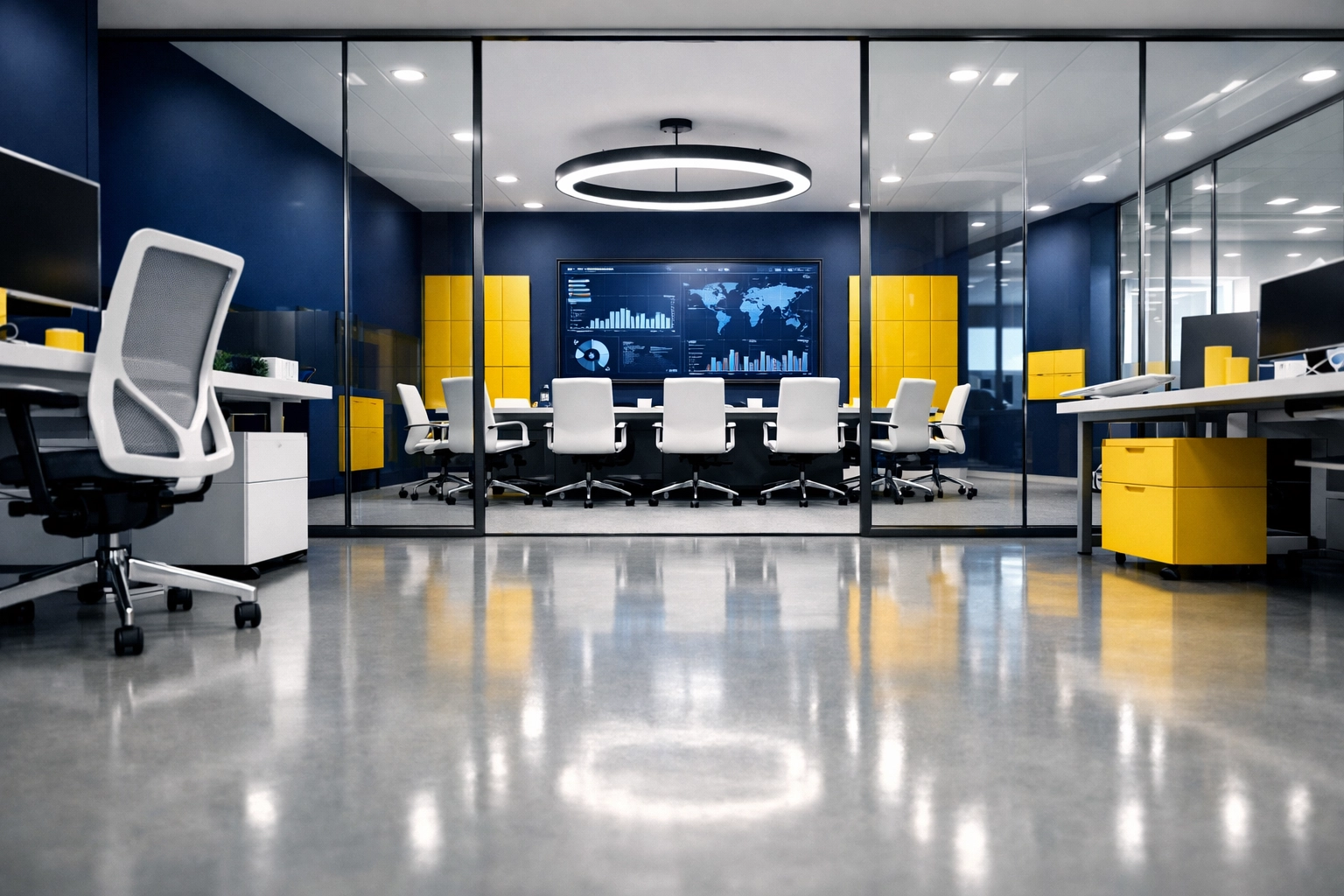 Modern open-plan office in Boxborough with spotless floors and windows from professional commercial cleaning.