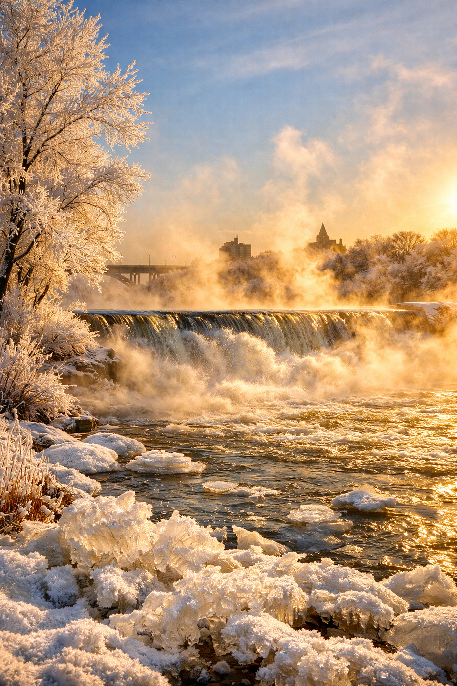 Frost-covered trees and steam rising from the weir at Spadina Crescent, Saskatoon winter morning